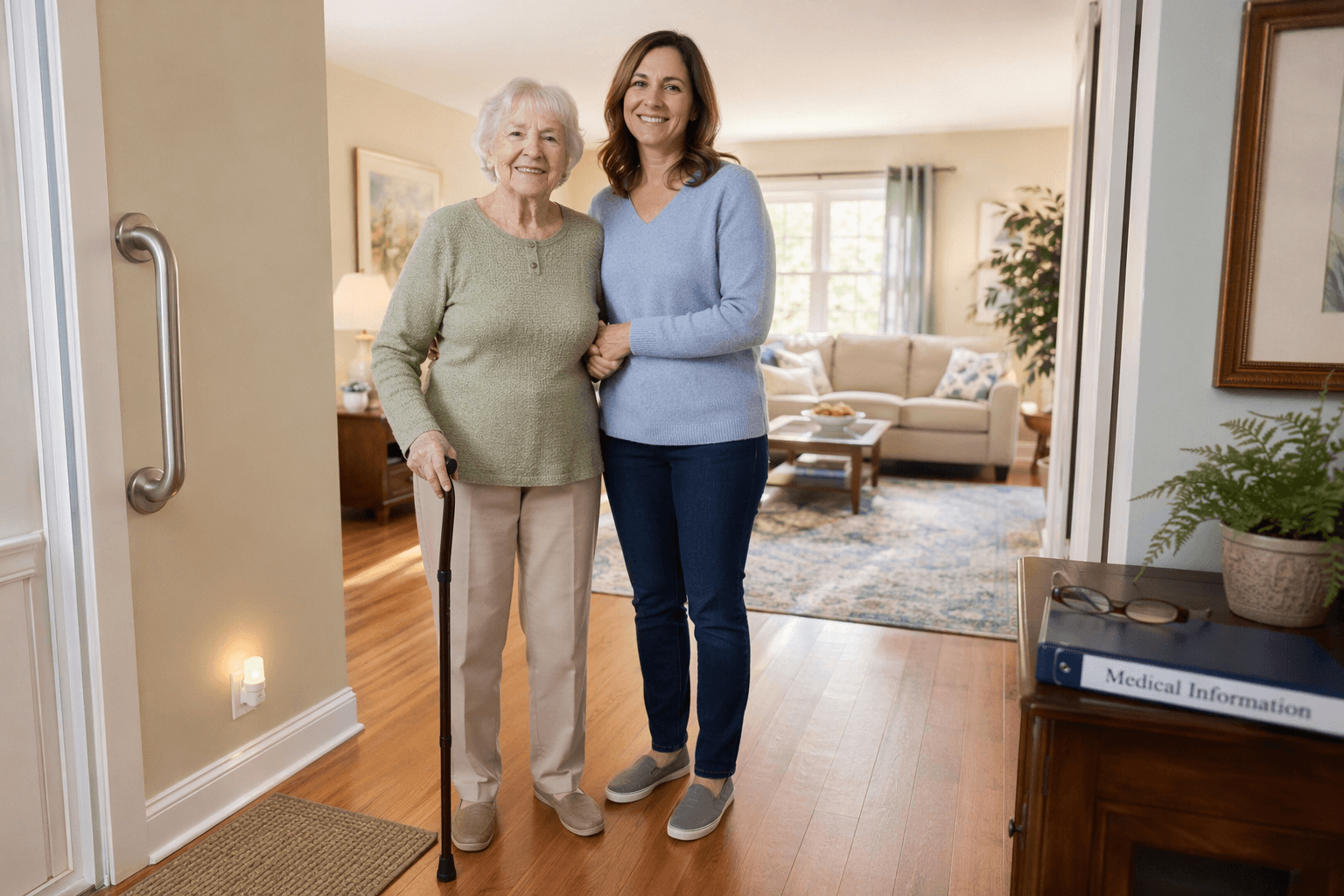 An adult daughter gently supports her mother's arm in a sunlit living room. The mother uses a walking cane, and safety features like a grab bar, non-slip mat, and nightlight are visible.
