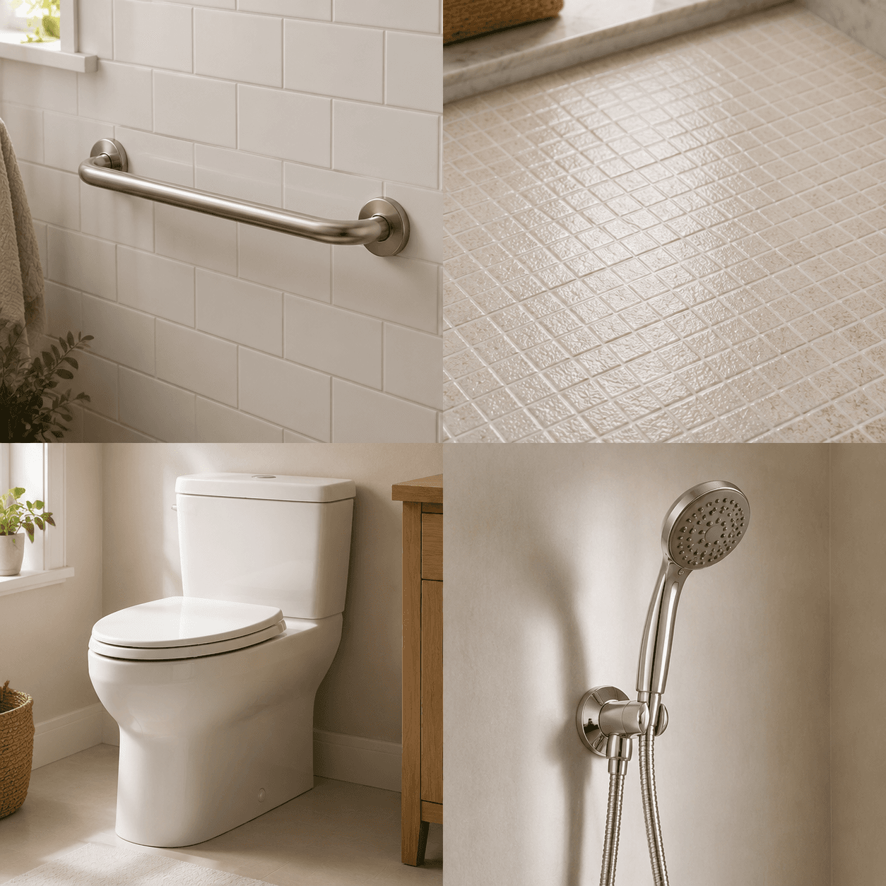 Four bathroom safety modifications: grab bar, non-slip tile, comfort-height toilet, and handheld shower wand
