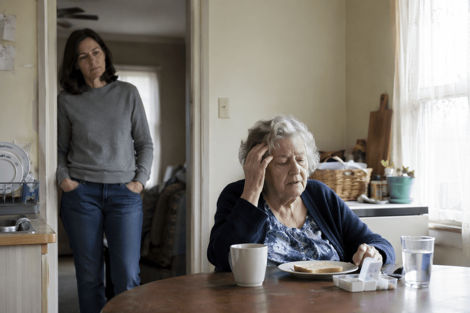 Adult daughter watching her elderly mother at a kitchen table with an open pillbox and half-eaten toast