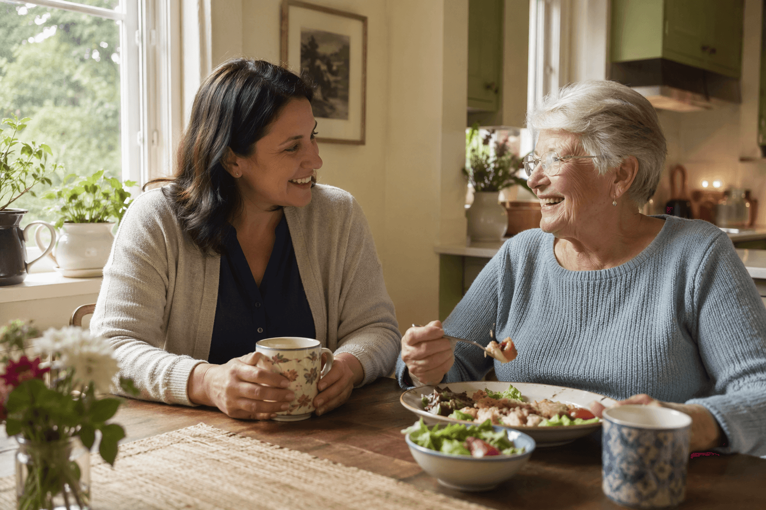 A live-in caregiver in a soft cardigan shares a meal and conversation with an older woman at a kitchen table. Sunlight streams through a window with houseplants, and a ceramic mug sits on the table. The scene conveys warmth, dignity, and companionship in a home setting.