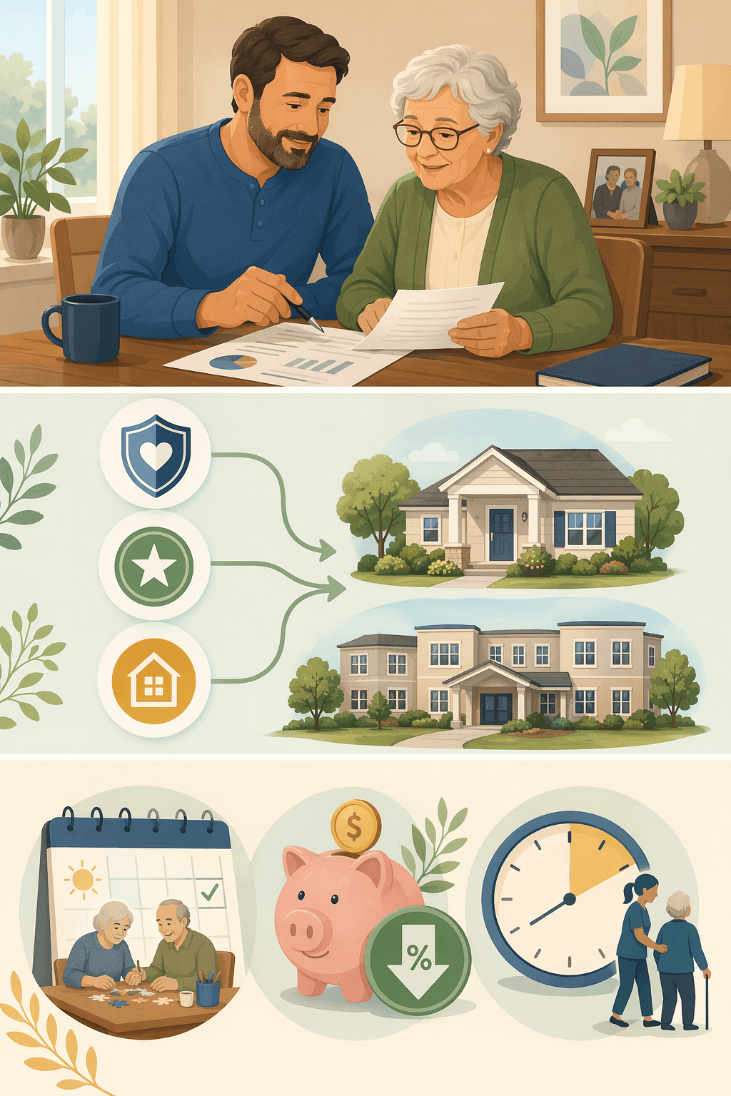 A three-layer illustration showing financial planning, government assistance programs, and practical cost-saving tactics for affordable senior care.