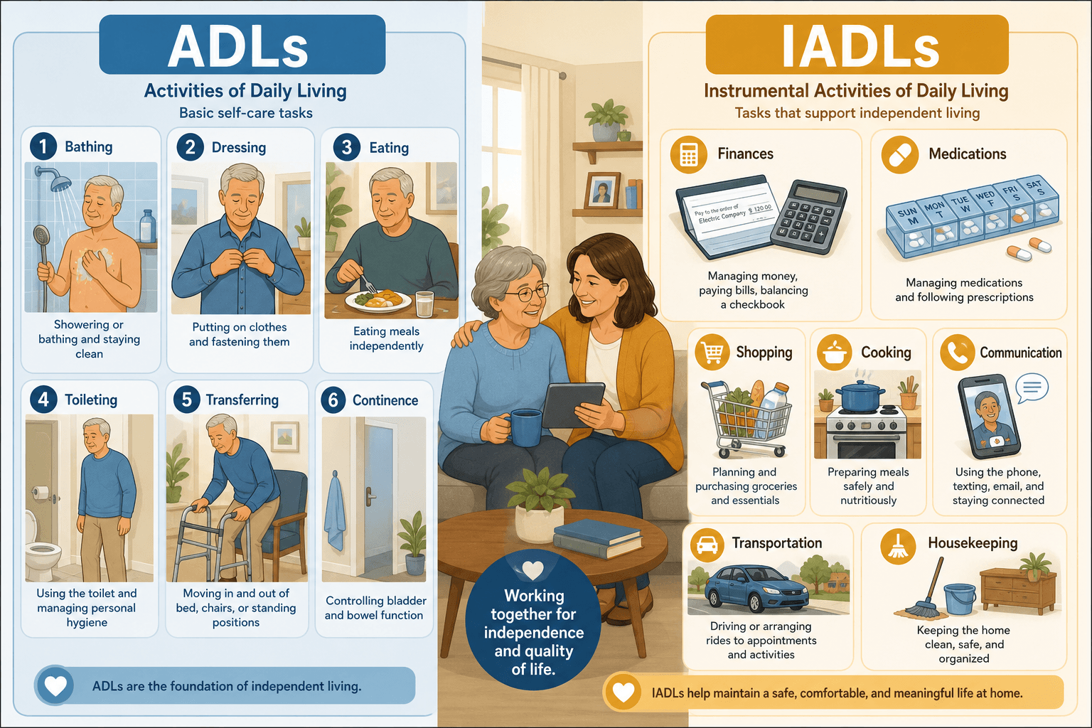 Split-comparison illustration with ADL tasks on the left and IADL tasks on the right.