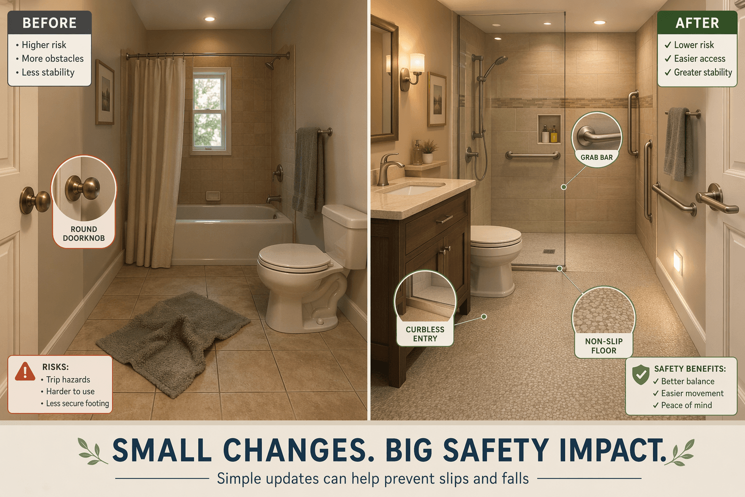 Split architectural illustration of a bathroom. Left side shows a standard bathtub, round doorknob, dim lighting, and a loose rug labeled 'before'. Right side shows a curbless walk-in shower, grab bars, lever-handle faucet, raised toilet, non-slip flooring, and a motion-sensor nightlight labeled 'after'. Color-coded callout circles highlight grab bar, curbless entry, and non-slip floor features.