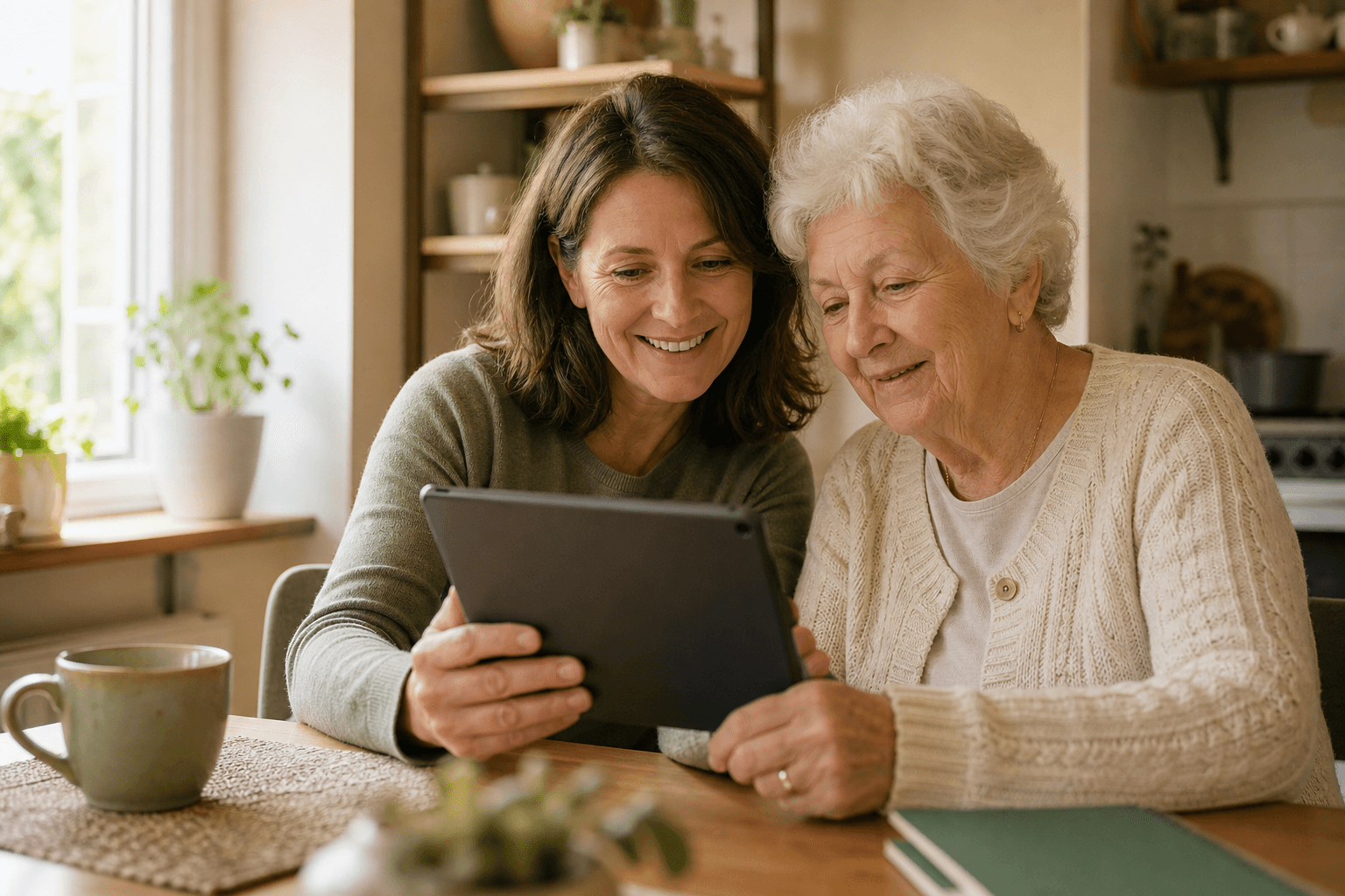 An adult daughter in her 40s sits at a cozy home kitchen table with her elderly mother, both looking at a tablet together with gentle smiles. Warm natural light, soft beige and sage green tones, a ceramic mug of tea on the table.
