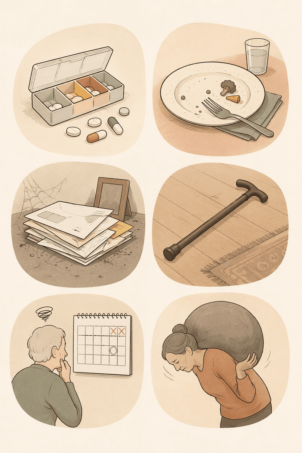 Line icons showing signs of declining independence including pills, food, mail, a cane, confusion, and caregiver strain