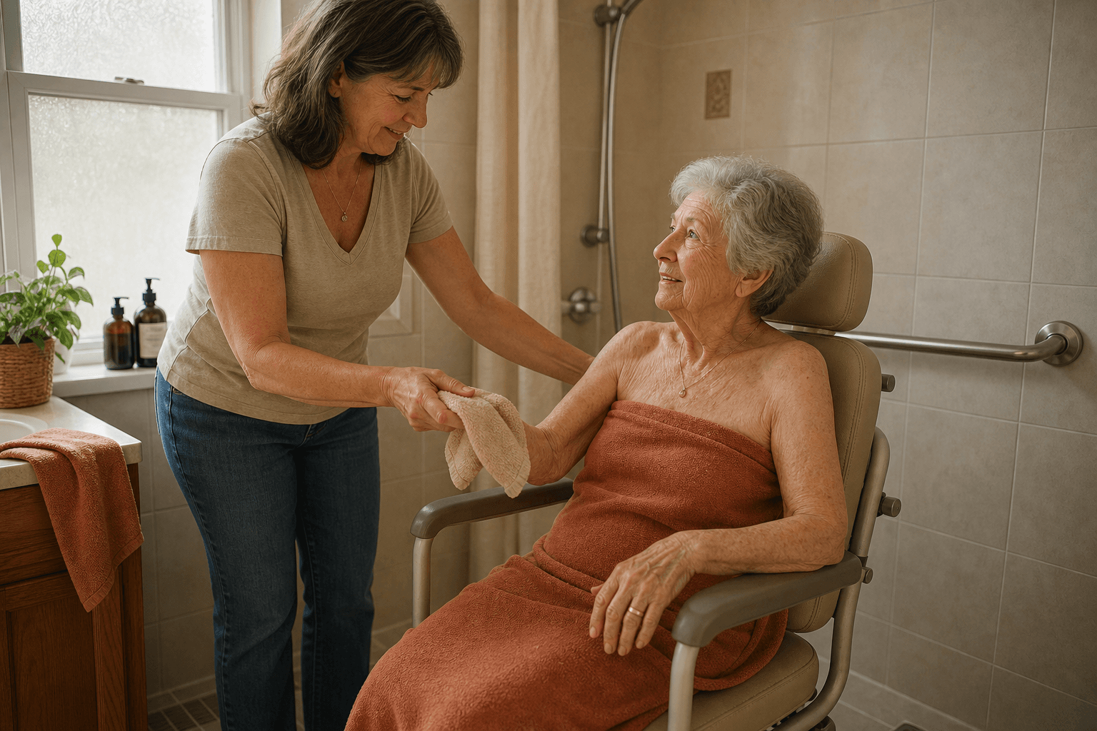 A caregiver gently guides an elderly woman's hand toward a washcloth while she sits on a shower chair in a warmly lit home bathroom with a grab bar on the wall.