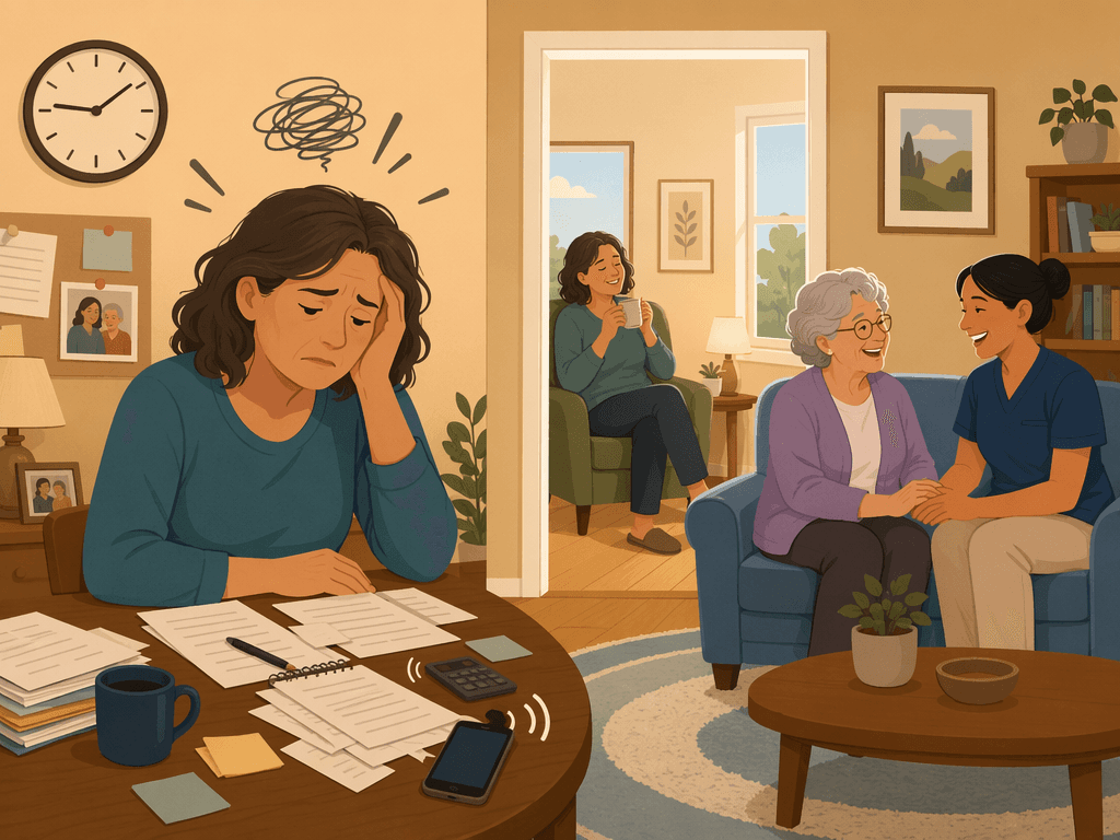 An illustration showing an exhausted family caregiver on one side and a trained aide helping an older adult on the other side, representing the relief that respite care can provide.