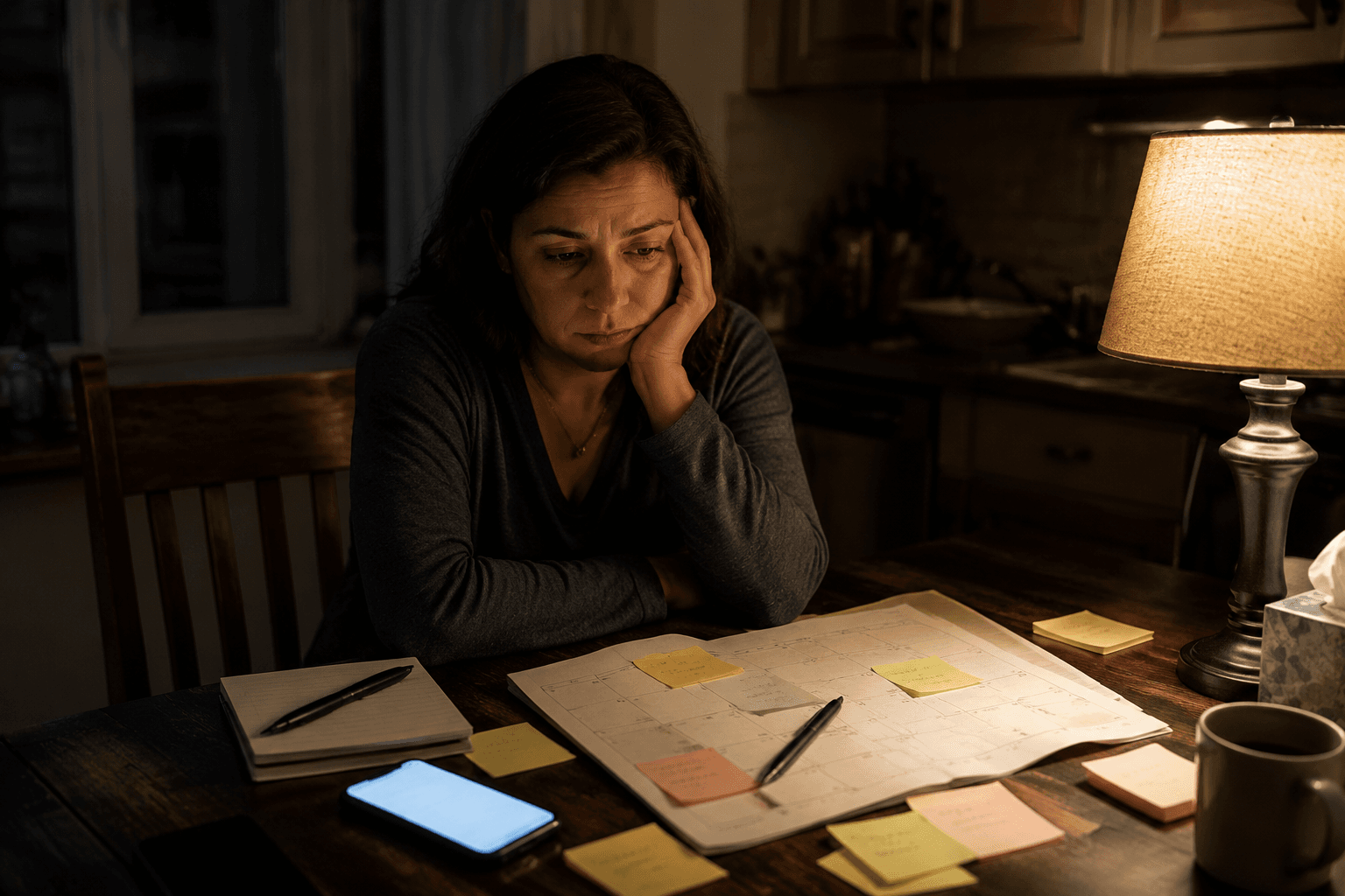 Adult daughter sitting at a kitchen table late at night beside a phone, sticky notes, and a calendar