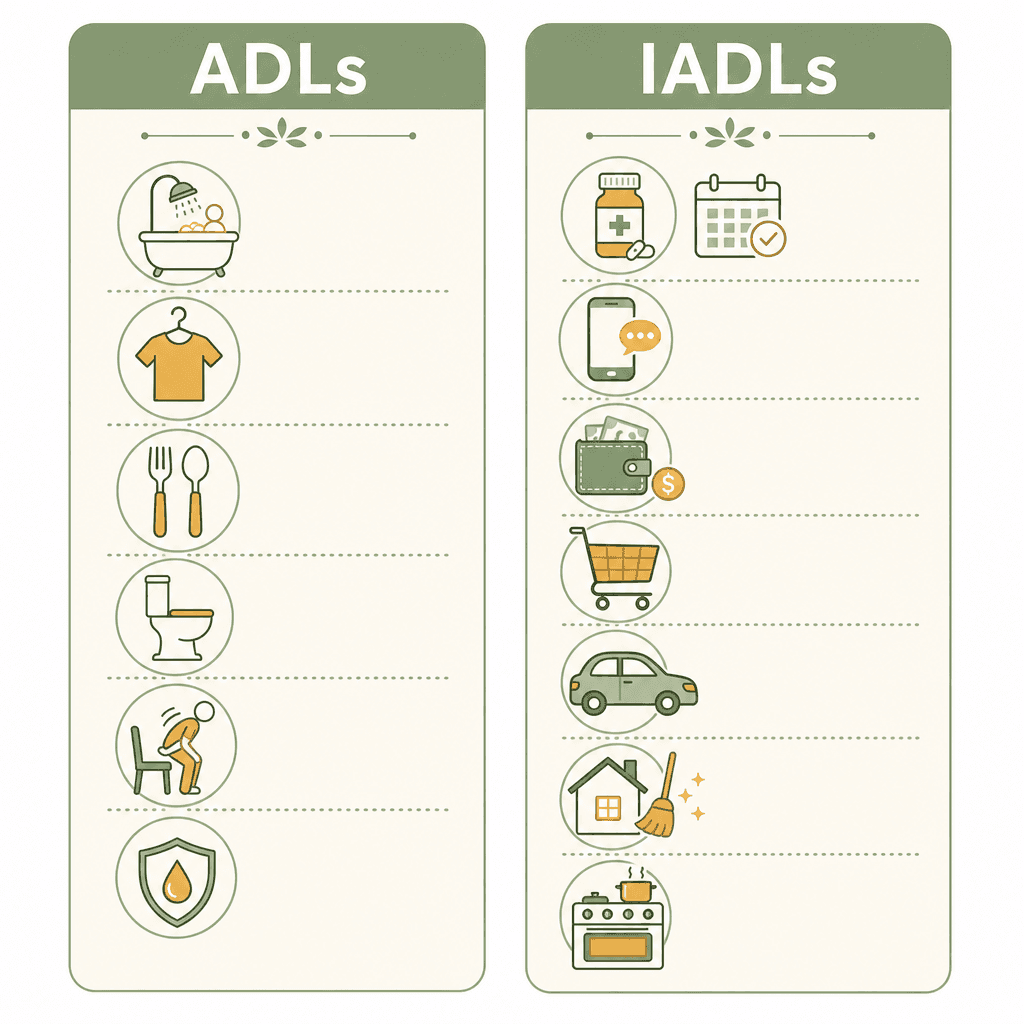 An educational infographic with two columns labeled ADLs and IADLs, each showing simple icons for daily living activities — bathing, dressing, eating, toileting on the left, and medication management, transportation, finances, shopping on the right.