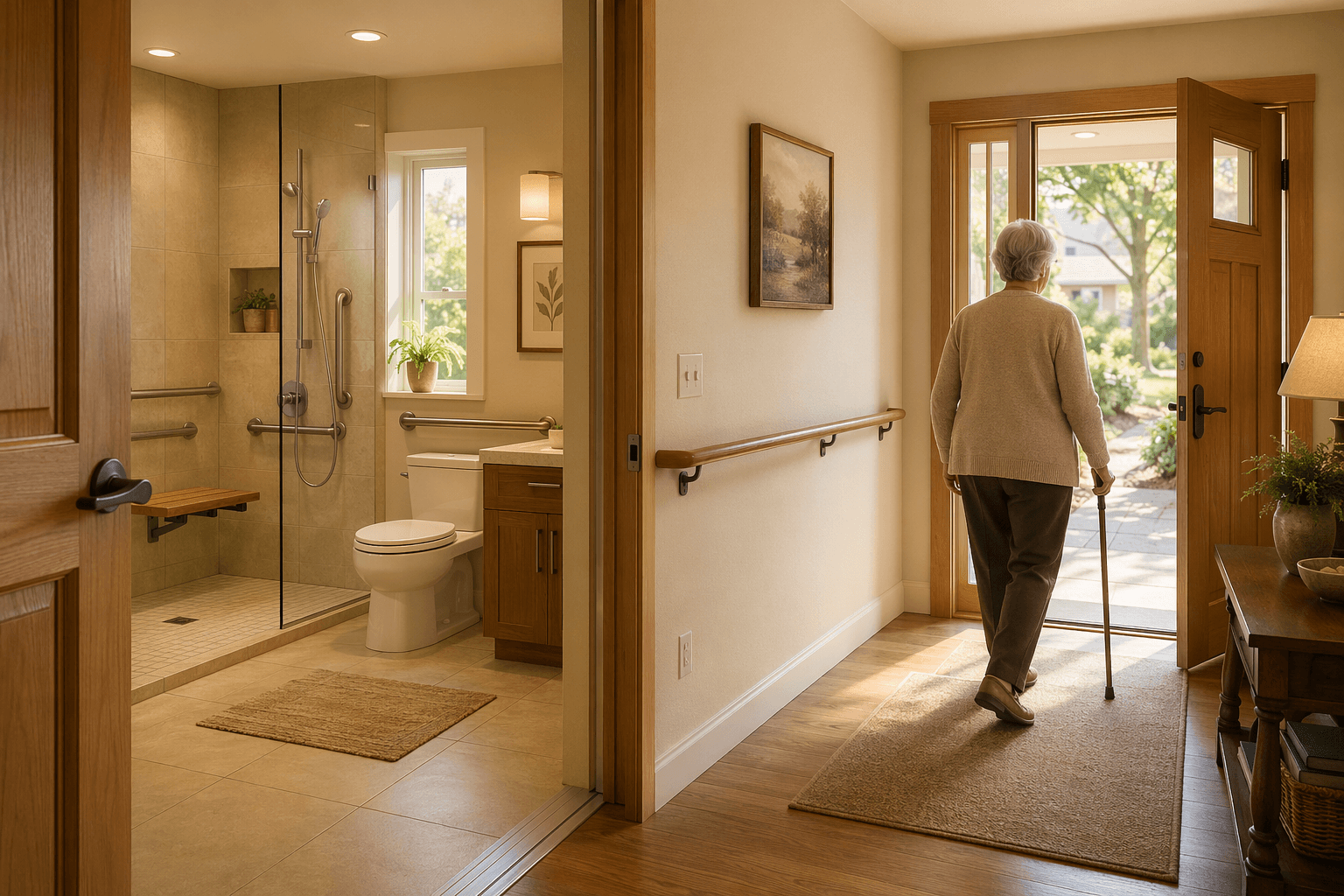 A warm digital illustration of a home adapted for aging in place, showing a bright bathroom with grab bars and a walk-in shower, a zero-step entryway, and an older adult walking with a cane through sunlit rooms.