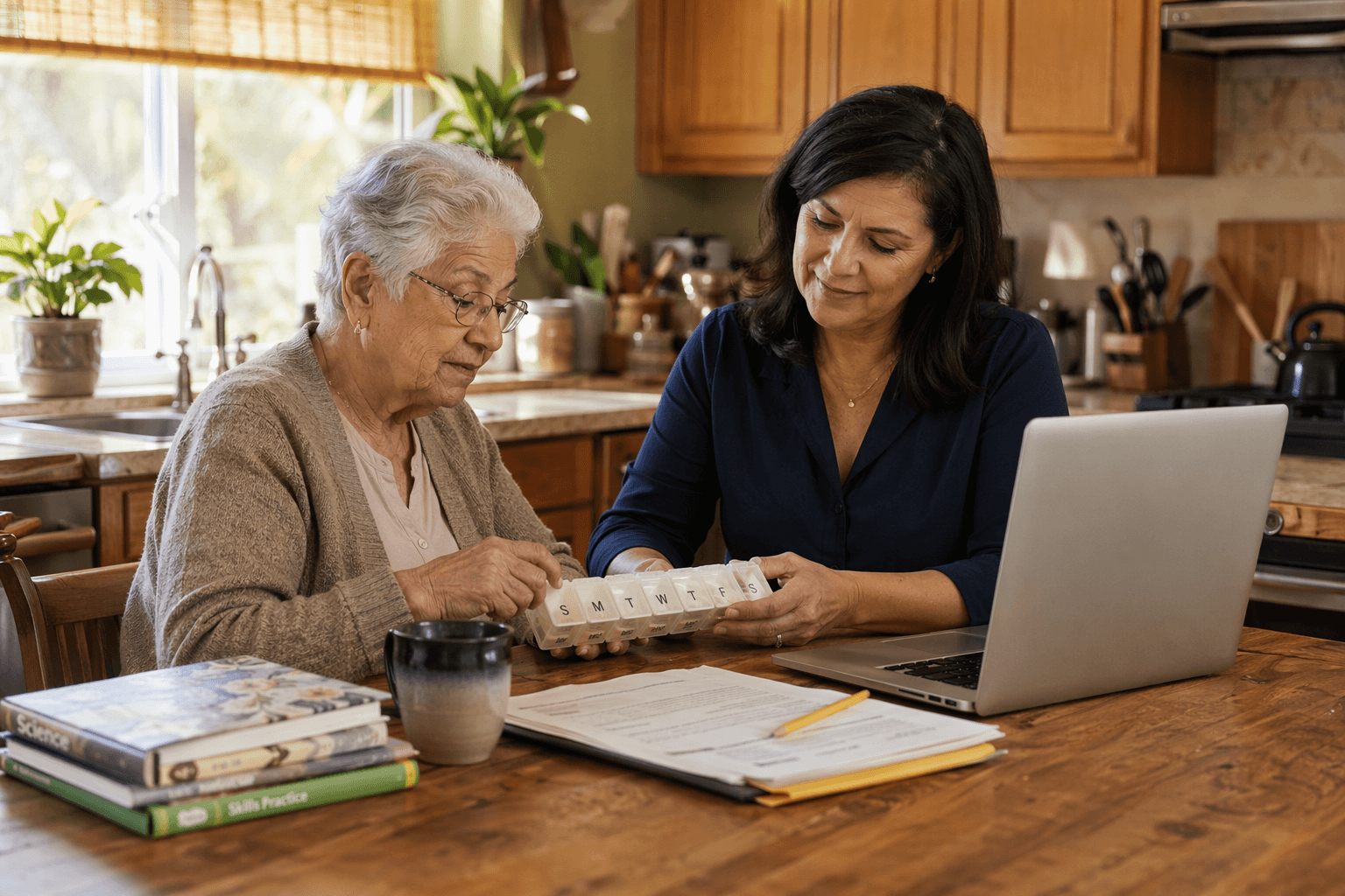 A middle-aged woman sits at a home kitchen table with her elderly mother in warm morning light. A laptop showing work documents, a child's school papers, and a pill organizer are on the table, visually representing the multi-generational caregiving squeeze of the sandwich generation.