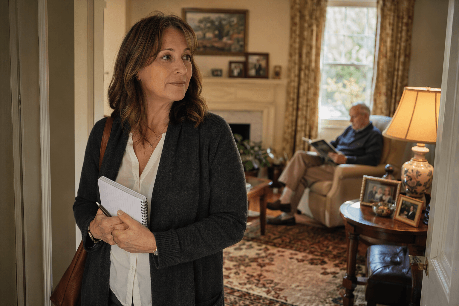 Adult daughter standing near the entrance of her father's living room with a notebook while he reads in an armchair