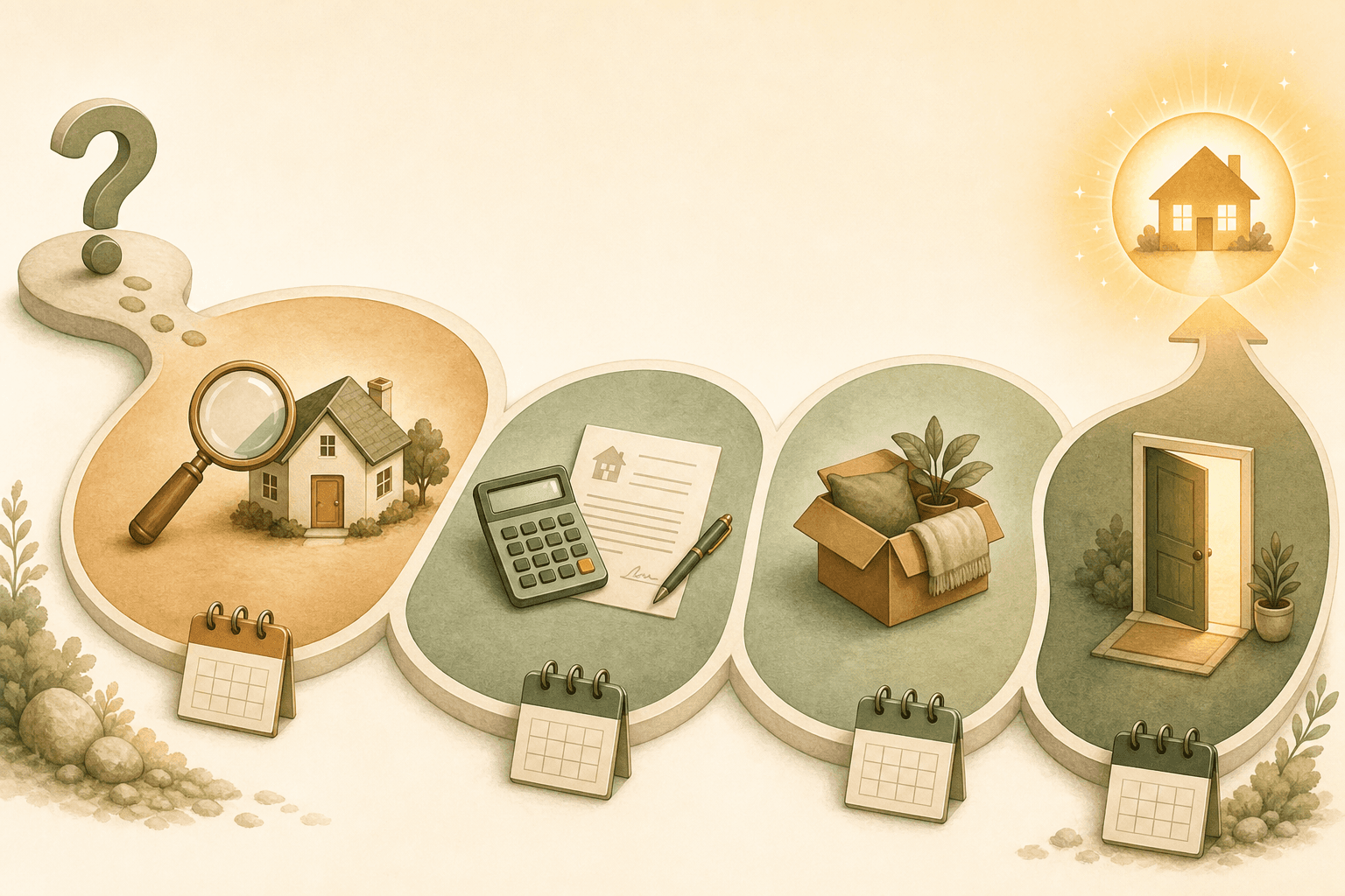 Editorial illustration of a 6-month planning timeline shown as a winding path with six segments: month 1-2 shows a magnifying glass and house icon; month 3-4 shows a calculator and document icon; month 5-6 shows a moving box and open door icon.