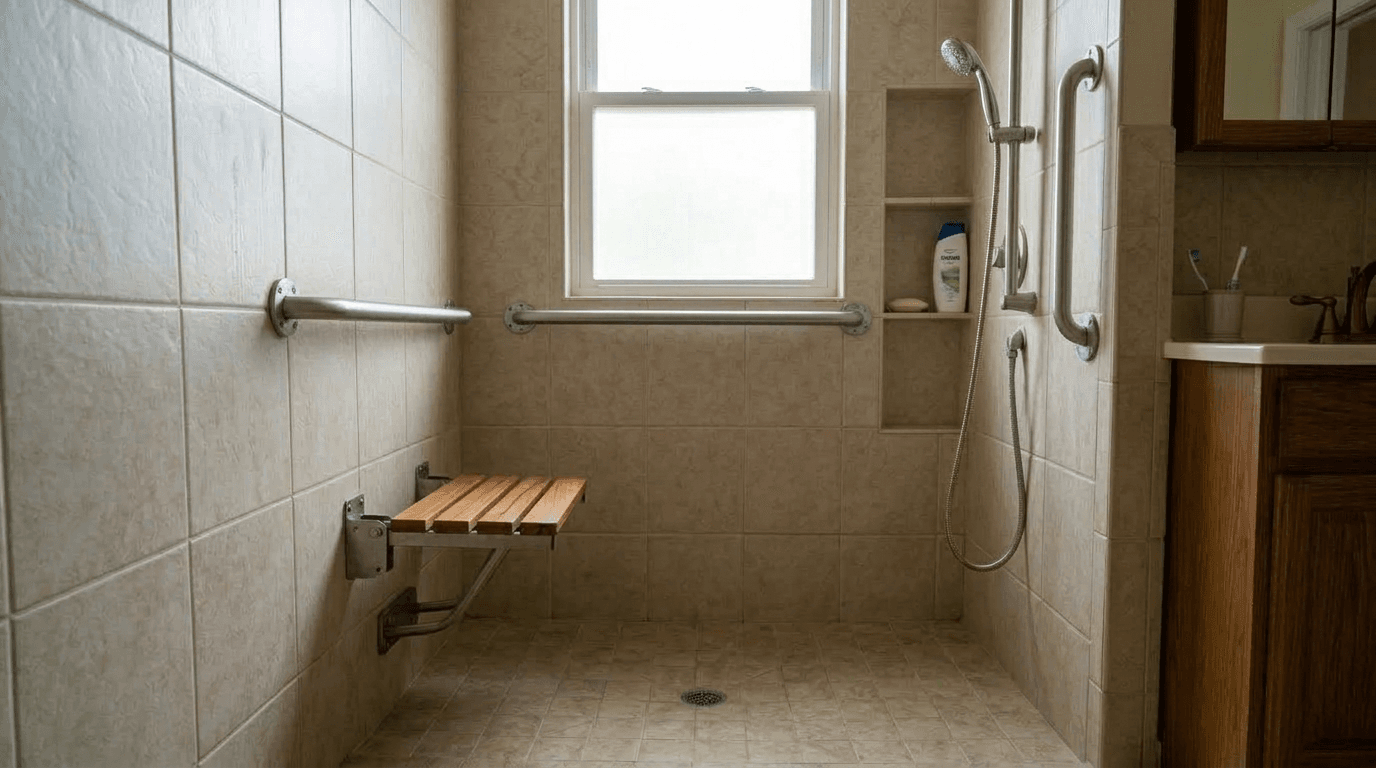A clean, modern accessible bathroom with a walk-in shower, chrome grab bars, a fold-down shower seat, and a handheld showerhead.