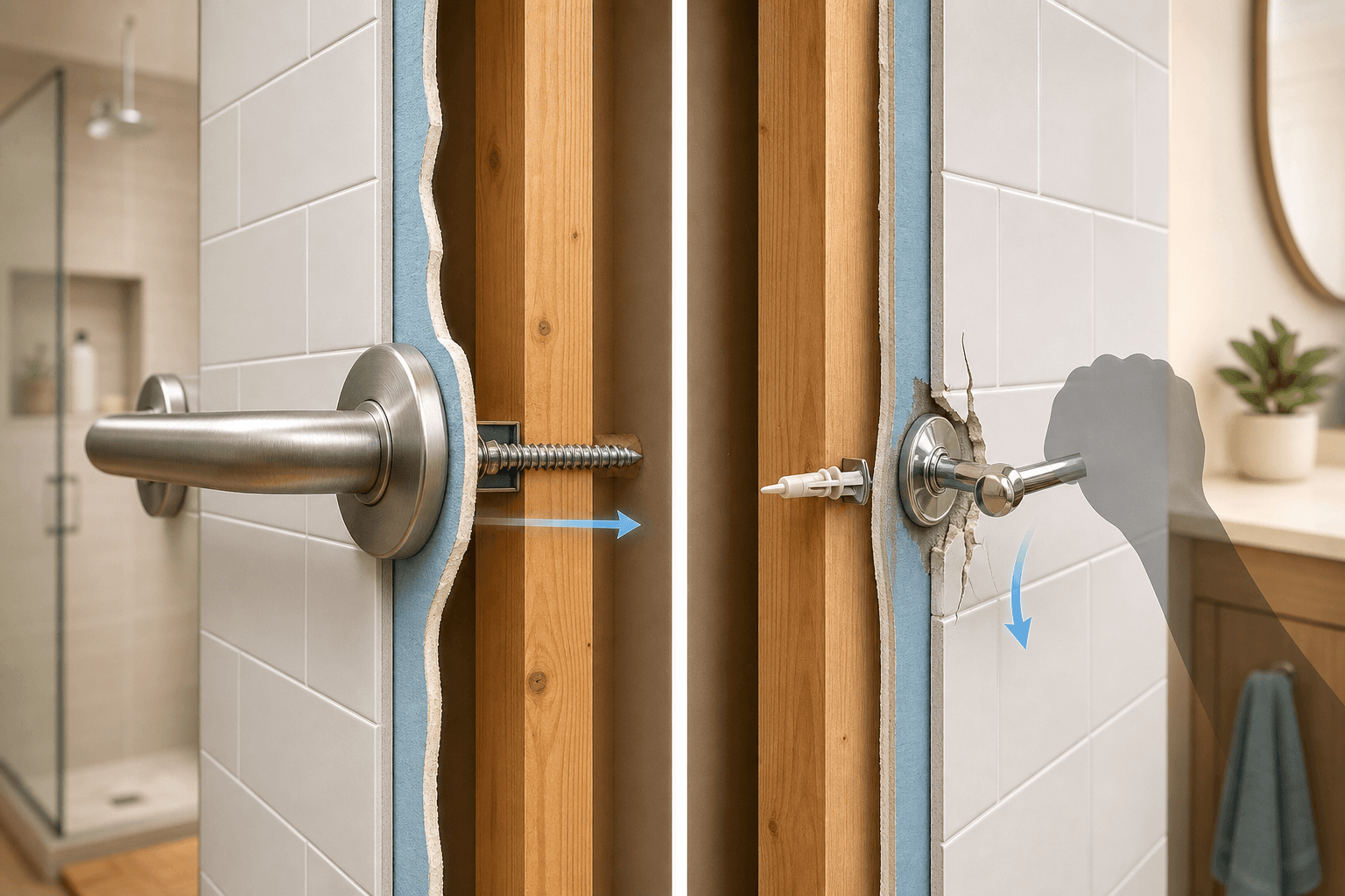 Cross-section editorial illustration of a bathroom wall showing two side-by-side mounting scenarios: left side shows a brushed metal grab bar anchored deep into wooden wall studs with bolts; right side shows a thin chrome towel bar mounted with plastic drywall anchors pulling loose from the wall under a grasping hand silhouette, with wall layers (stud, drywall, tile) visible in warm neutral and soft blue tones.