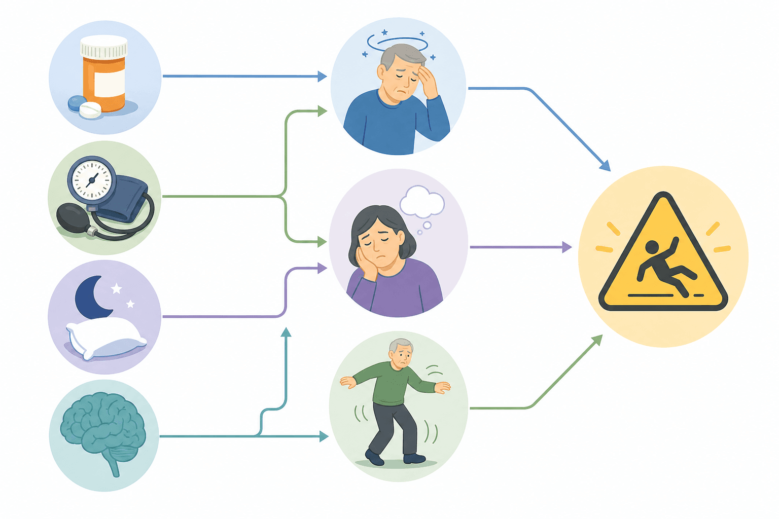 Diagram showing medication categories leading to three fall-risk mechanisms (dizziness/orthostatic hypotension, sedation, impaired balance) and then to a unified fall risk icon.