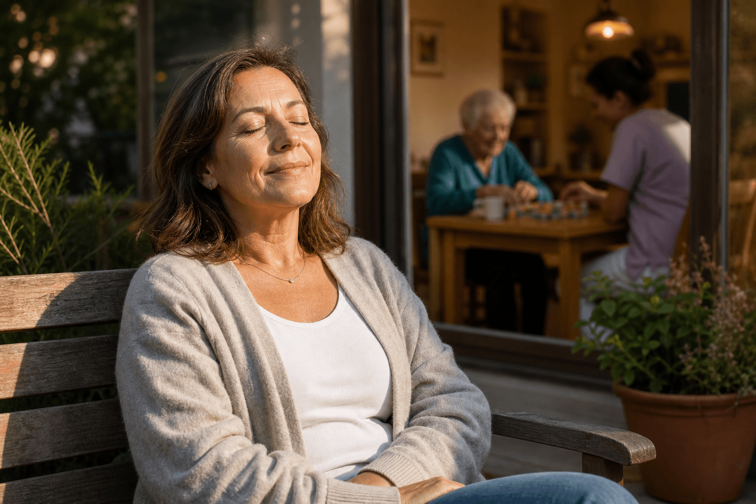 A middle-aged woman sits peacefully on a garden bench with eyes closed, while an elderly person is safely engaged indoors in the background.