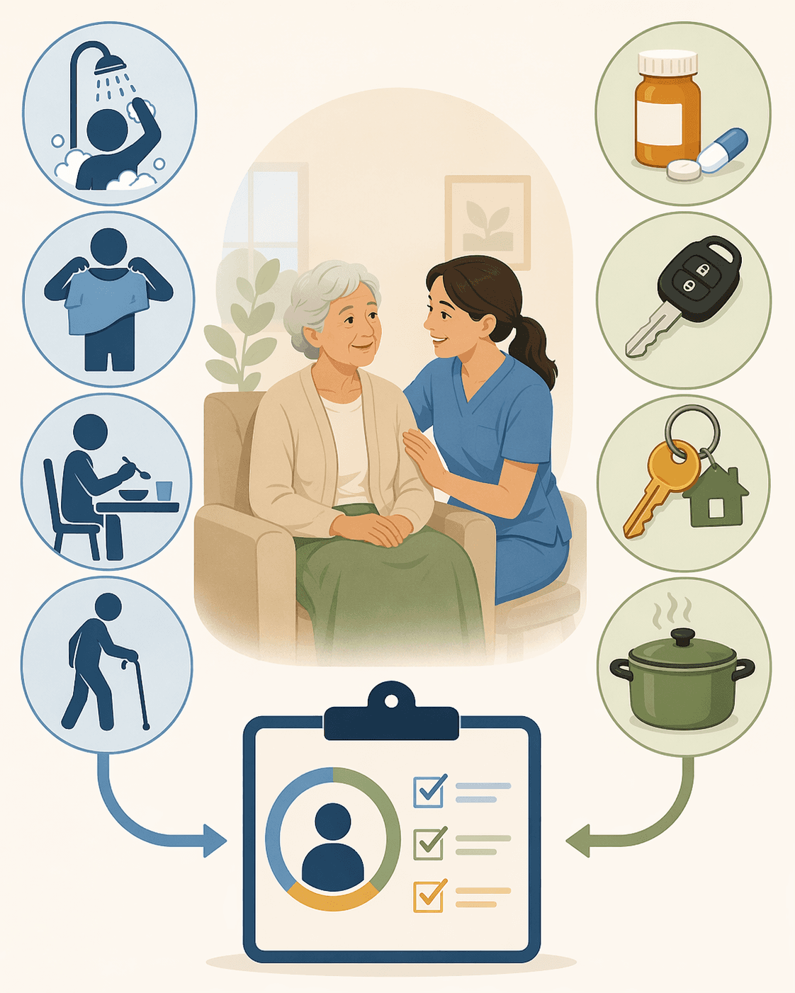 Editorial illustration showing ADL icons on one side and IADL icons on the other, with a flow arrow leading to an assessment score area.