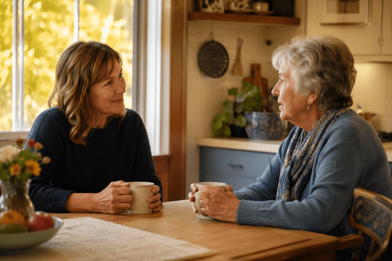 An adult child in their 40s-50s sits at a sunlit kitchen table with an elderly parent, both holding coffee mugs, engaged in a calm caring conversation with gentle open body language and a warm gold-and-blue color palette