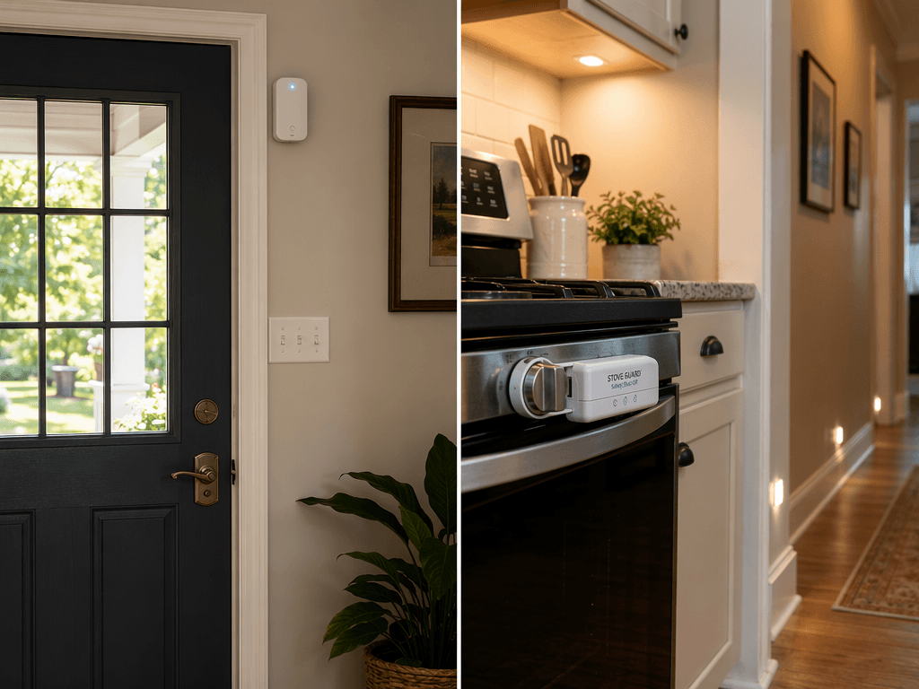 Split editorial scene of a dementia-safe home: left side shows a front door with a discreet motion sensor alarm device mounted near the top with a soft blue LED light, right side shows a kitchen stove with an auto-shutoff device at the knob area and motion-activated night lights glowing along a hallway baseboard.