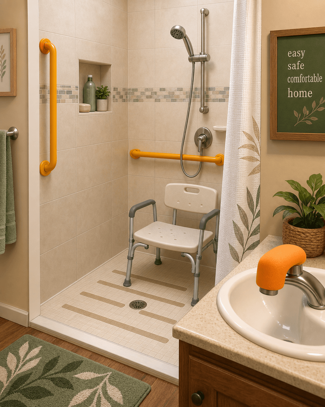Close-up illustration of a dementia-friendly bathroom with a walk-in shower, shower chair, handheld showerhead, and brightly colored grab bars.