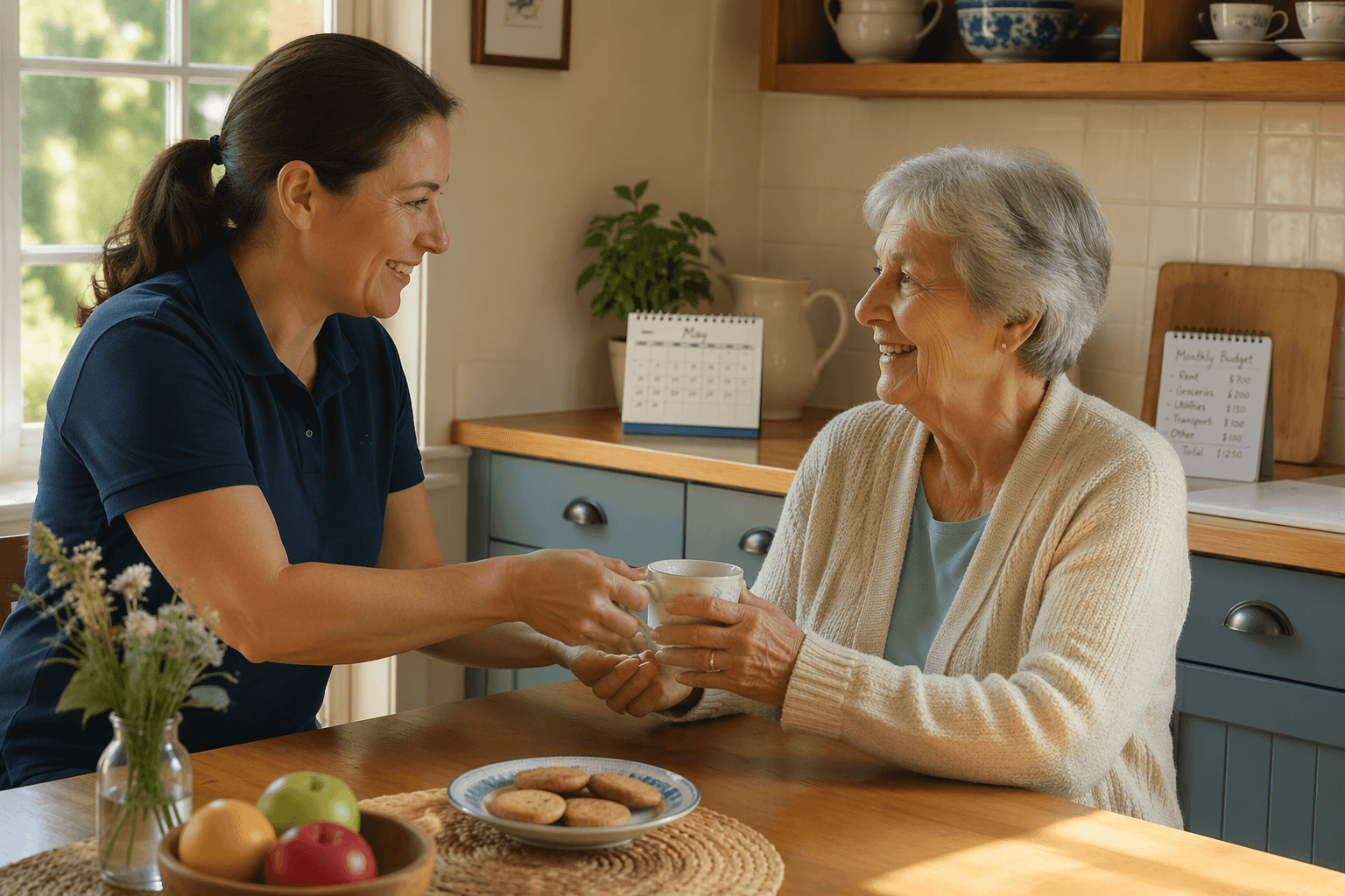A live-in caregiver shares a quiet morning tea with an older woman at a sunlit kitchen table, with a calendar and notebook visible in the background.