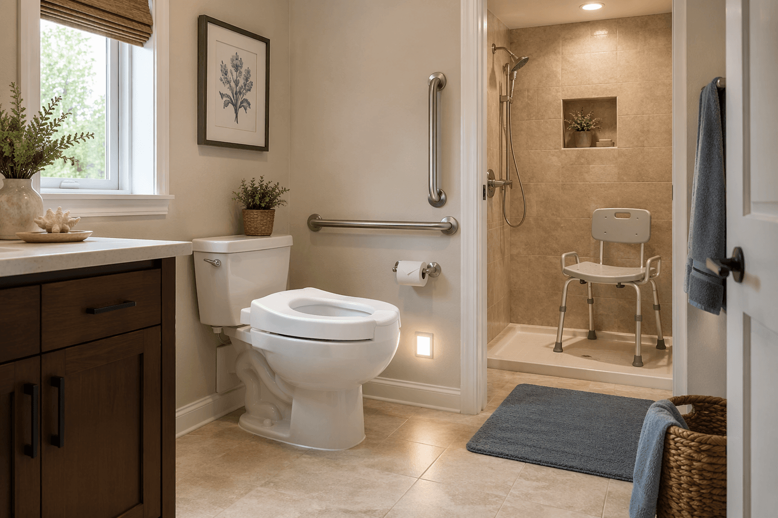 Senior-friendly bathroom with raised toilet seat, grab bars, shower chair, and nonslip mat
