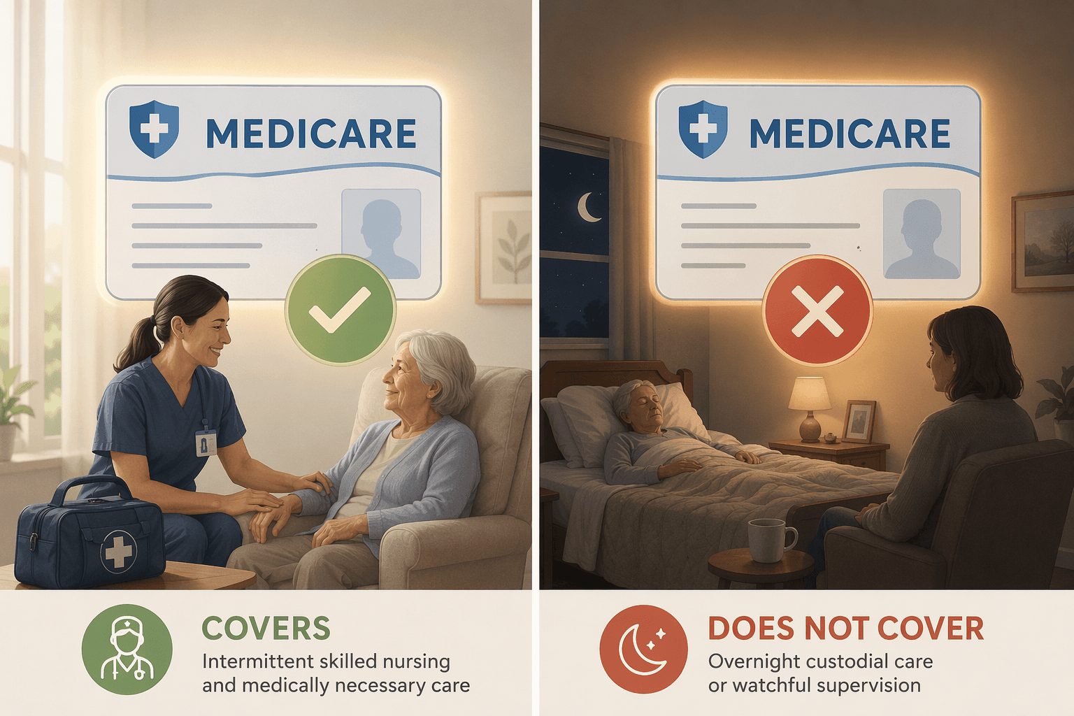 Split editorial illustration: left side shows a Medicare card with a green checkmark and a visiting nurse icon representing covered intermittent skilled nursing; right side shows a Medicare card with a red X and a moon-over-bed scene representing uncovered overnight custodial care.