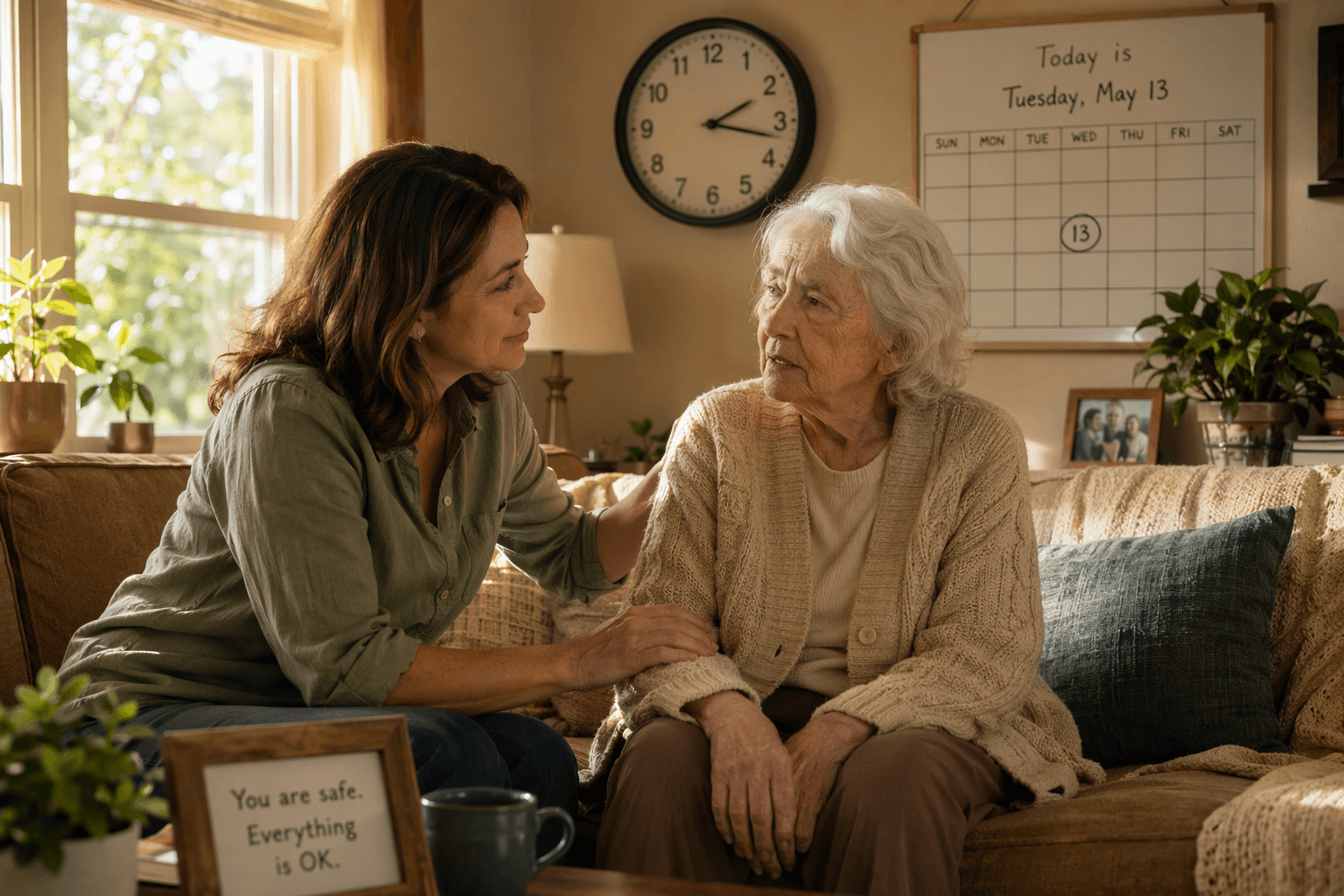 A middle-aged adult caregiver sitting beside an elderly parent with Alzheimer's in a warm home living room, leaning forward with a patient expression, making gentle eye contact. A large wall clock and whiteboard calendar are visible in the background.