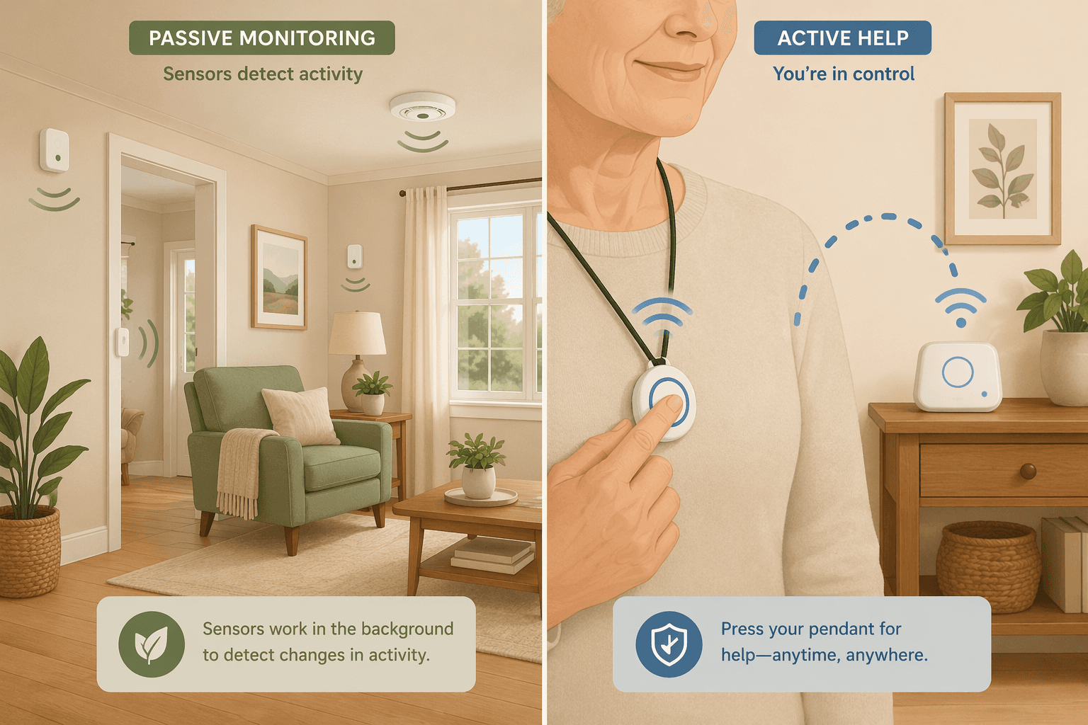 A warm-toned flat vector illustration of a home split into two halves. The left side shows a cozy living room with small sage-green sensor icons on walls, door frames, and ceiling with soft motion-wave arcs. The right side shows an elderly hand pressing a blue wearable pendant button with a signal traveling to a base station.