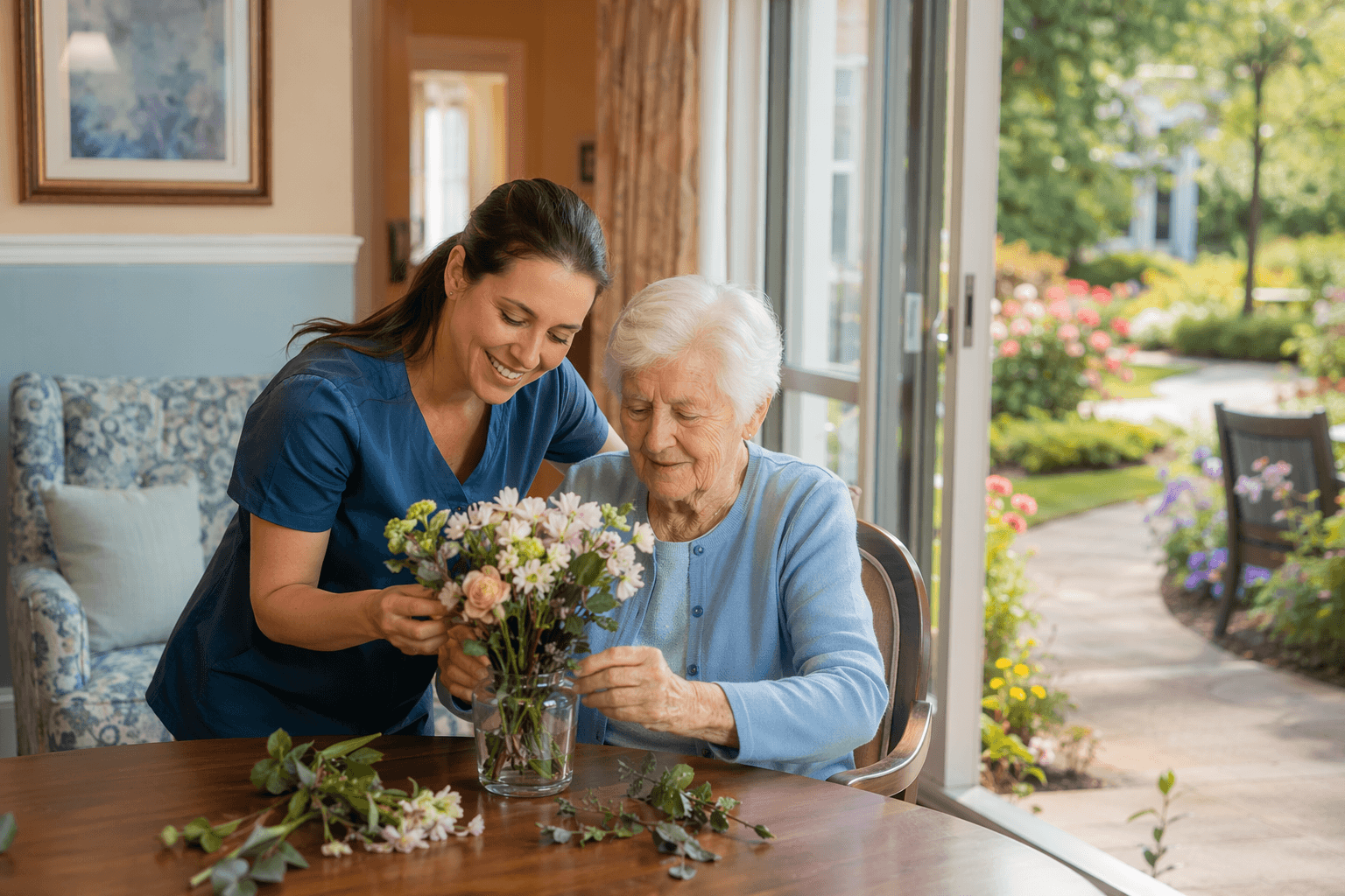 A sunlit memory care common area with a female caregiver gently guiding an elderly woman through a flower-arranging activity at a wooden table near a large window. A secure courtyard garden with blooming flowers is visible through glass doors. Warm wood tones, soft blue accents, and natural light create a dignified atmosphere.