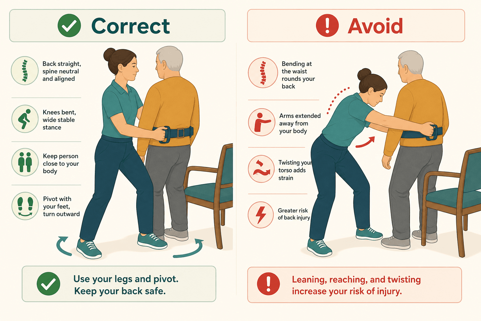 A side-by-side illustration comparing correct caregiver body mechanics (wide stance, straight back, knees bent, person held close) with incorrect mechanics (bent at waist, arms extended, torso twisted).