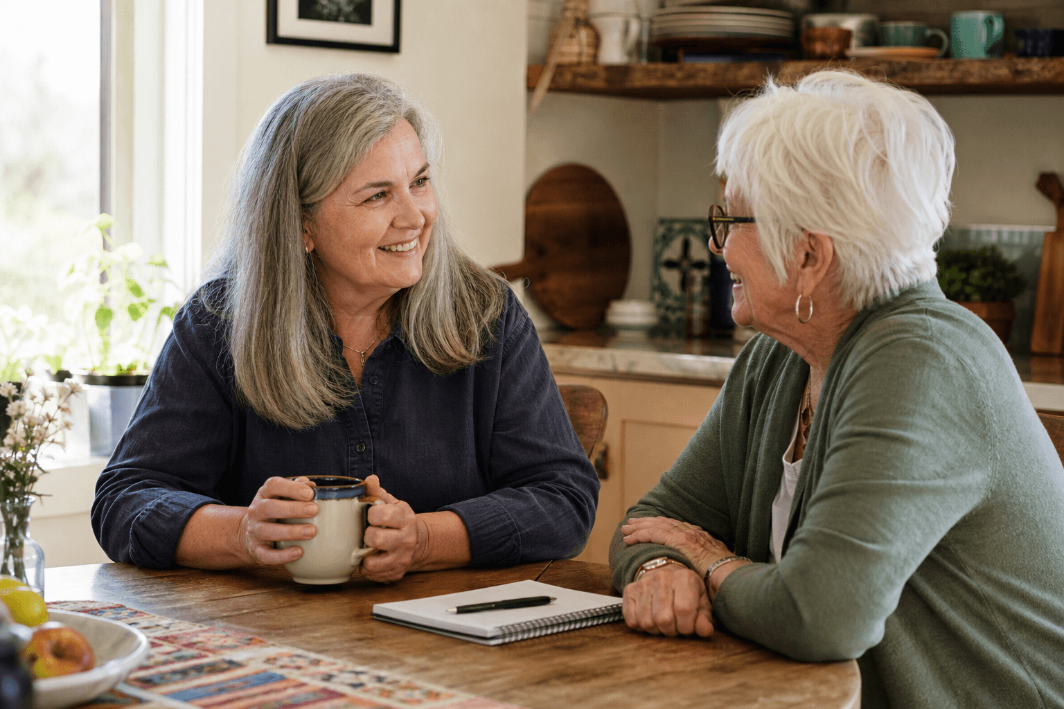 Two older women with gray and white hair sit at a home kitchen table in warm natural daylight, smiling and talking. One holds a coffee mug; a small notebook lies between them.