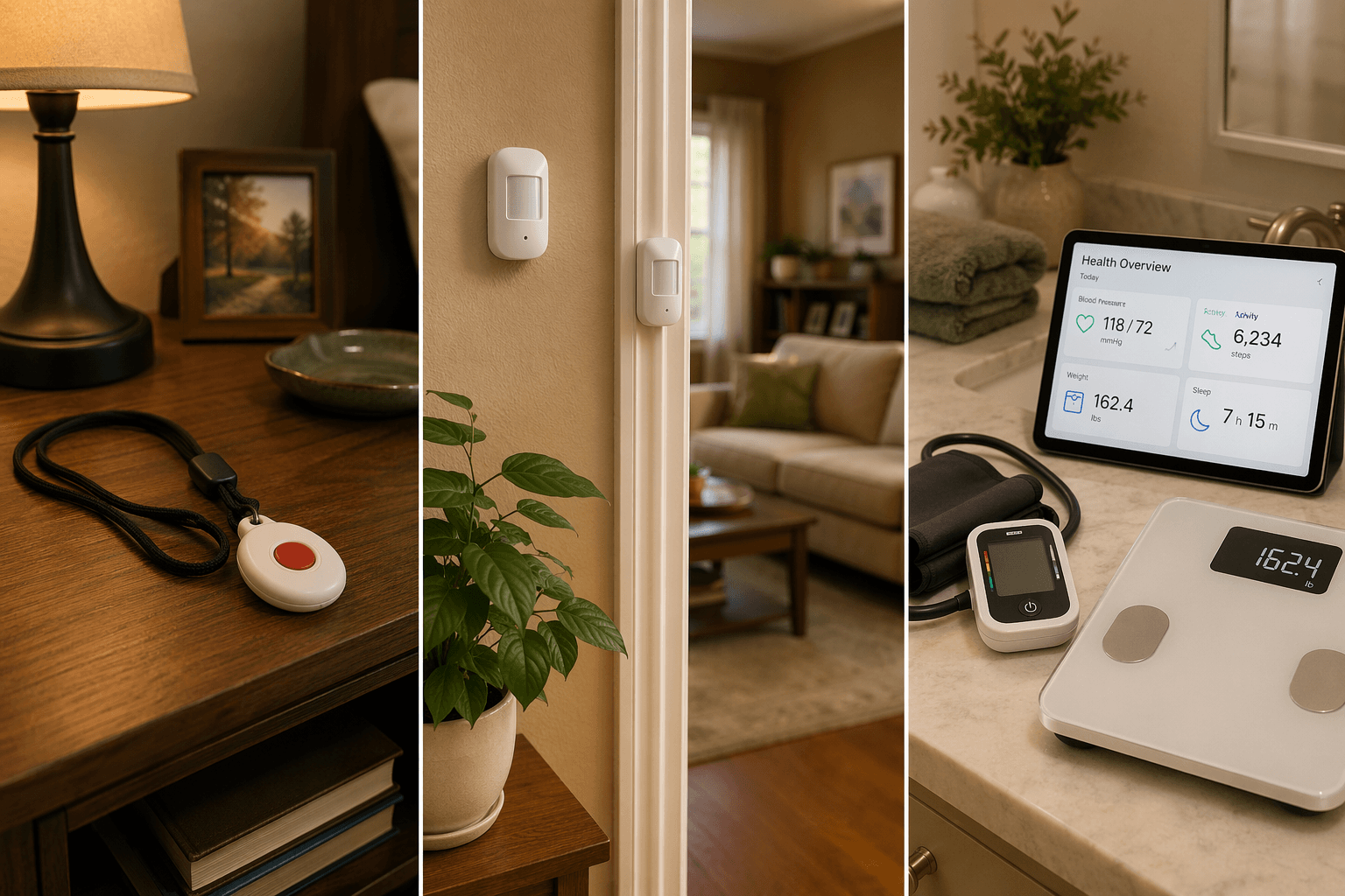 Three-panel split composition showing a wearable pendant on a nightstand, passive motion sensors in a home, and a blood pressure cuff with a clinical dashboard on a tablet.
