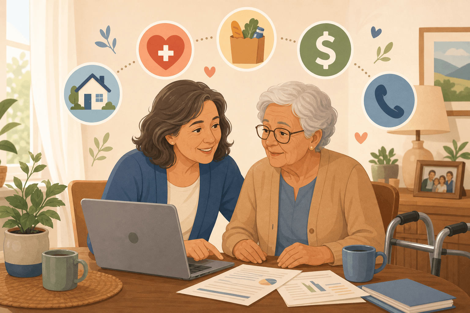 An adult child and an elderly parent with a walker sit together at a table with a laptop and papers, surrounded by icons representing home care, healthcare, food assistance, financial help, and a phone hotline.
