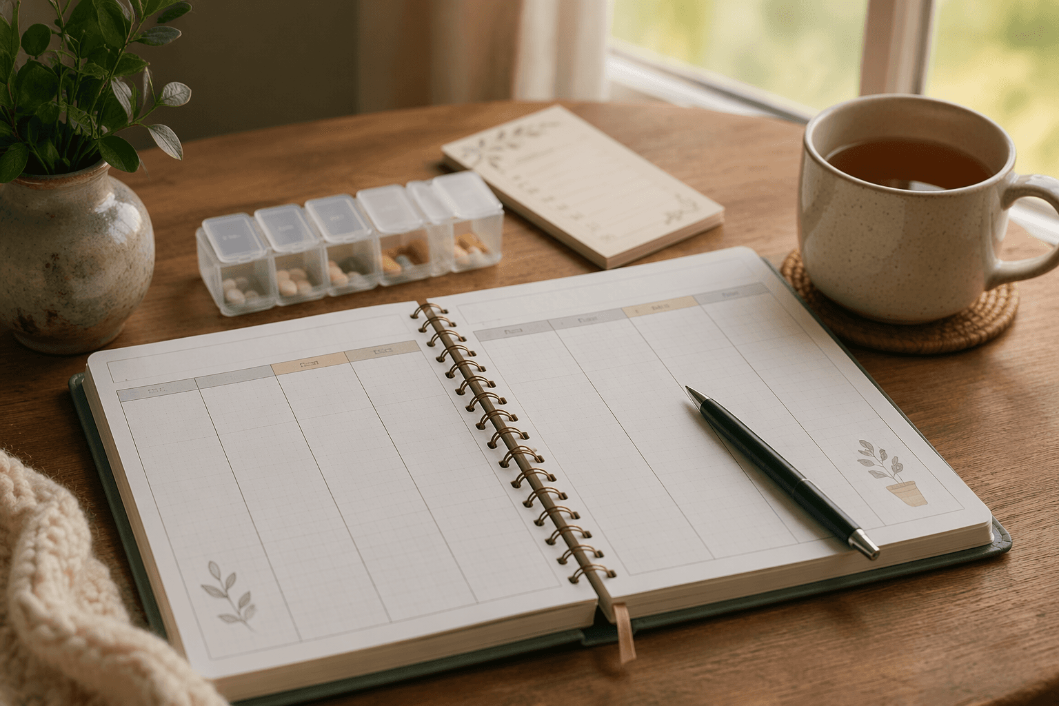 Open planner, teacup, pill organizer, and folded papers on a wooden table in soft natural light