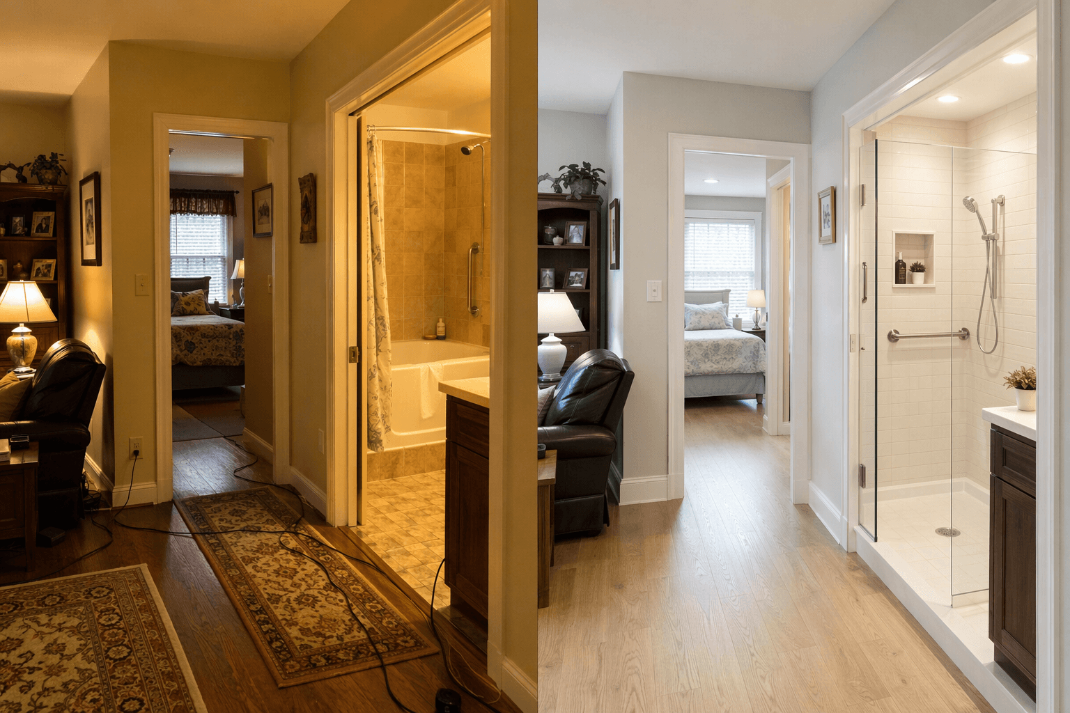 Split-view home interior showing fall hazards before modification and clearer, brighter aging-in-place features after modification