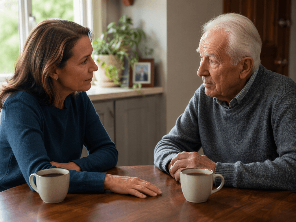 A middle-aged daughter and her elderly father sitting across from each other at a wooden dining table with coffee cups, leaning forward in a warm, serious conversation with soft natural window light.