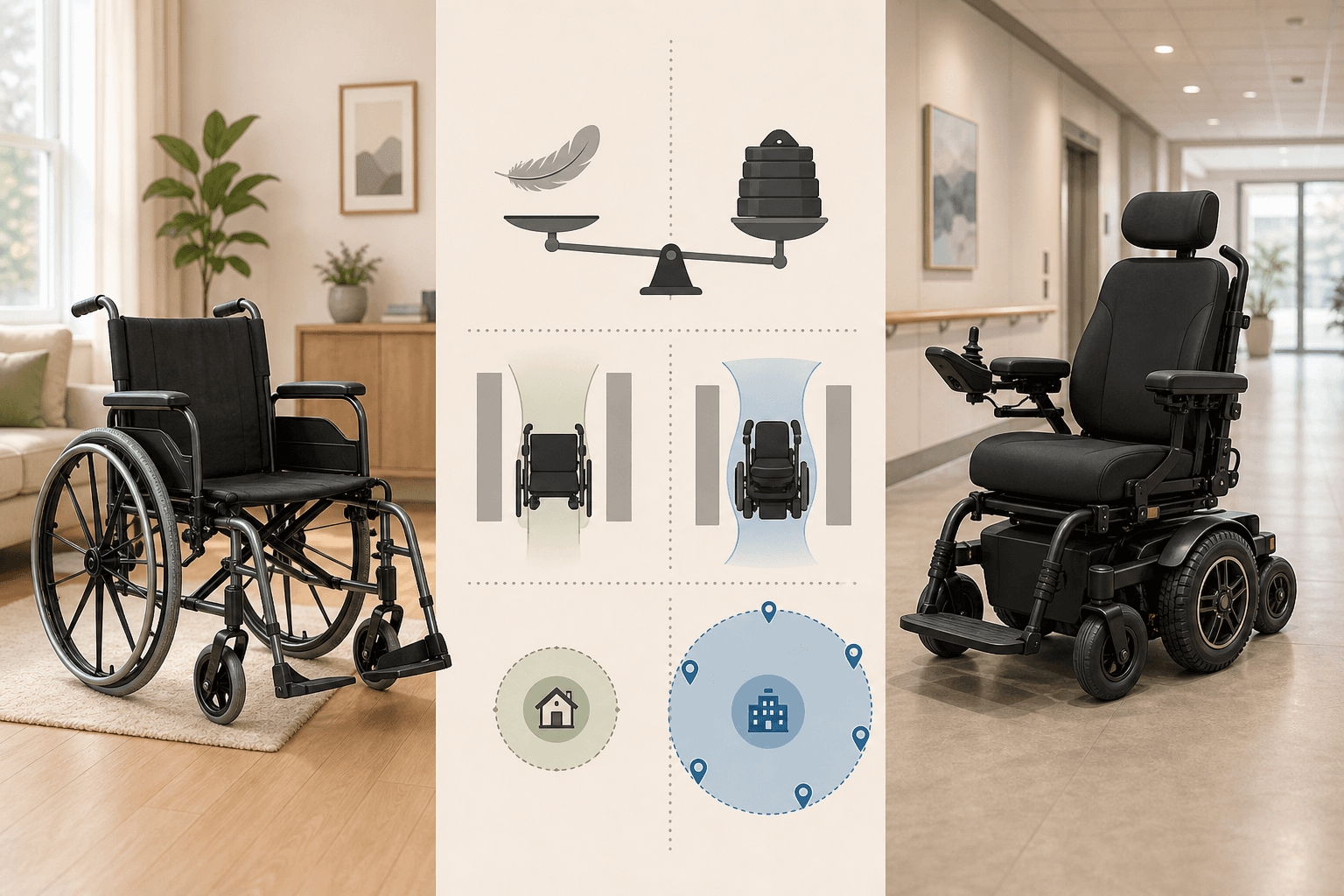 A side-by-side editorial illustration of a lightweight manual wheelchair with push rims on the left and a larger power wheelchair with joystick control on the right, set against a neutral warm-toned background. The visual contrast highlights differences in size, frame structure, and mobility range between the two chair types.