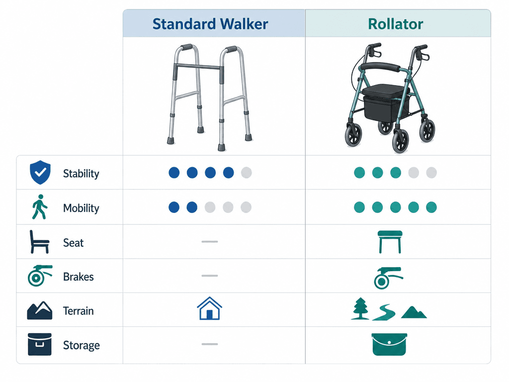 Comparison chart of standard walker vs rollator with icons for stability, mobility, seat, brakes, terrain, and storage.