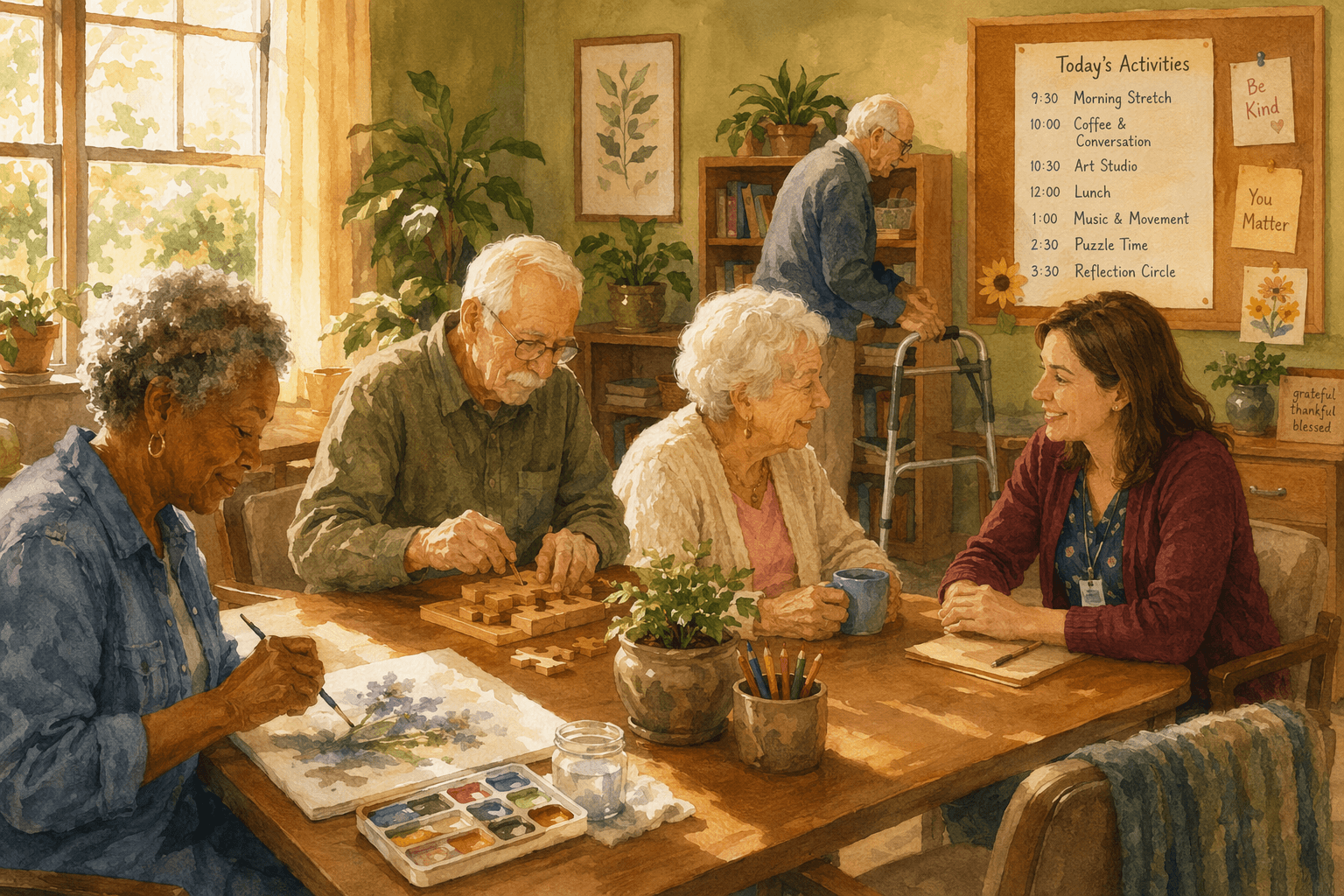 A warm watercolor-style illustration of an adult day center with natural light streaming through windows. Four seniors sit around a wooden table — one paints at a watercolor set, another works on a puzzle, a staff member in a burgundy cardigan sits at eye level with them. Plants, an activity schedule on a corkboard, sage green and golden beige walls, and a senior with a walker in the background.