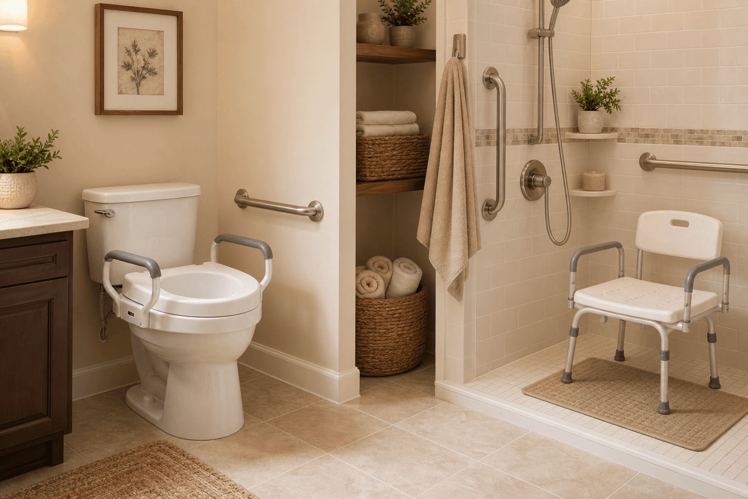 A home bathroom with a raised toilet seat with grab handles, a shower chair inside a walk-in shower, a non-slip mat, and a wall-mounted grab bar near the toilet.