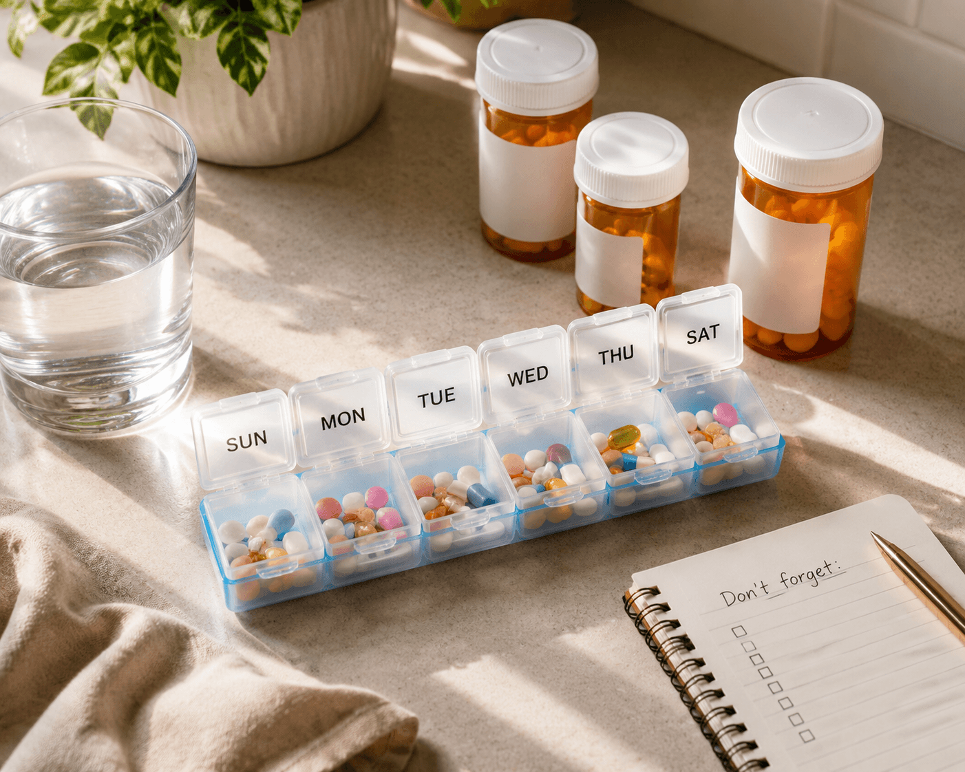 Weekly pill organizer beside prescription bottles, water, and a notebook