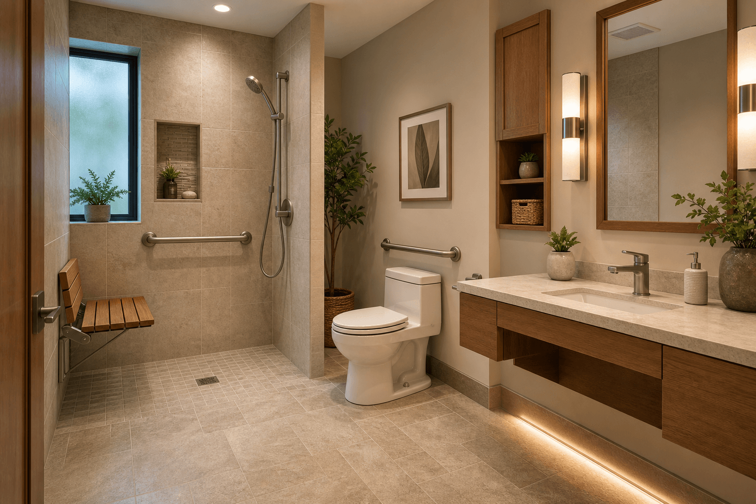 Warm residential bathroom with curbless zero-threshold shower, teak fold-down bench, brushed-nickel grab bar, handheld showerhead, comfort-height toilet with side grab bar, non-slip textured floor tile, lever faucet, wall-hung vanity, and baseboard nightlight strip in contemporary neutral tones