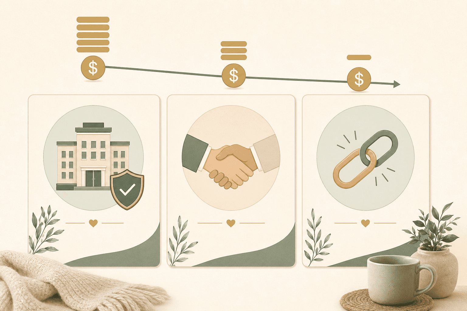 A flat-lay editorial illustration comparing three live-in care hiring models — Agency, Private Hire, and Hybrid — shown with shield, handshake, and linked chain icons on a warm beige background with a cost gradient chart.