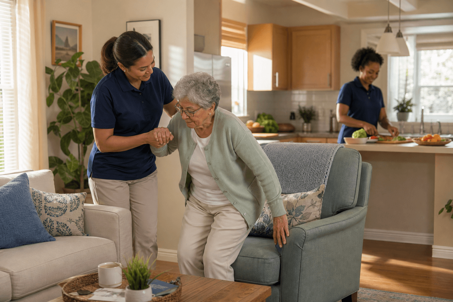 Two professional caregivers supporting an elderly woman with dementia in a warm, naturally lit living room — one assists her from an armchair while the other prepares a meal in the background.