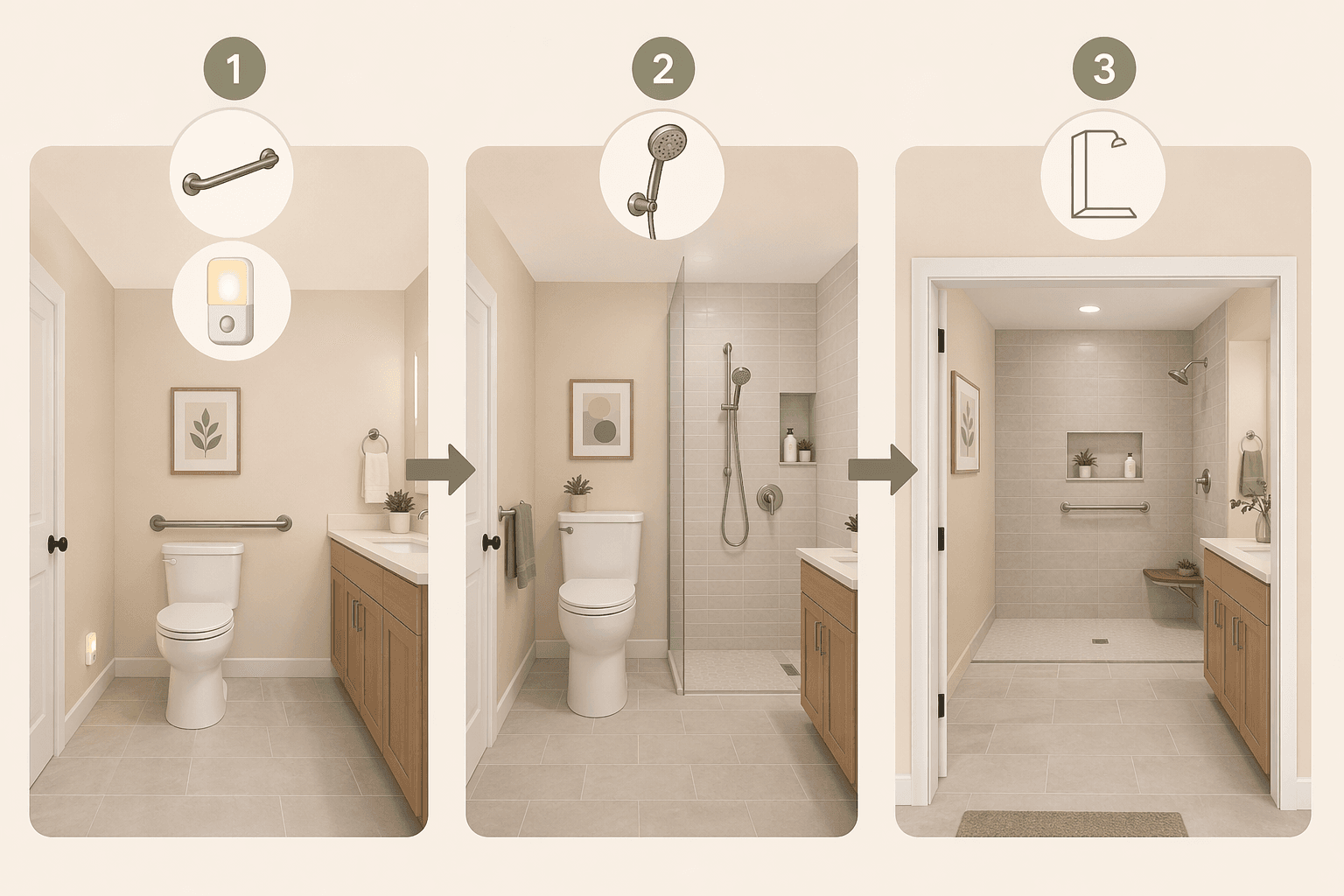 A flat-vector illustration showing three bathroom remodel stages arranged left to right with connecting arrows, from grab bar and nightlight to curbless shower and wider doorway.