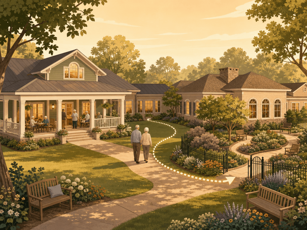 Illustration of a single senior living campus with connected assisted living and memory care buildings.