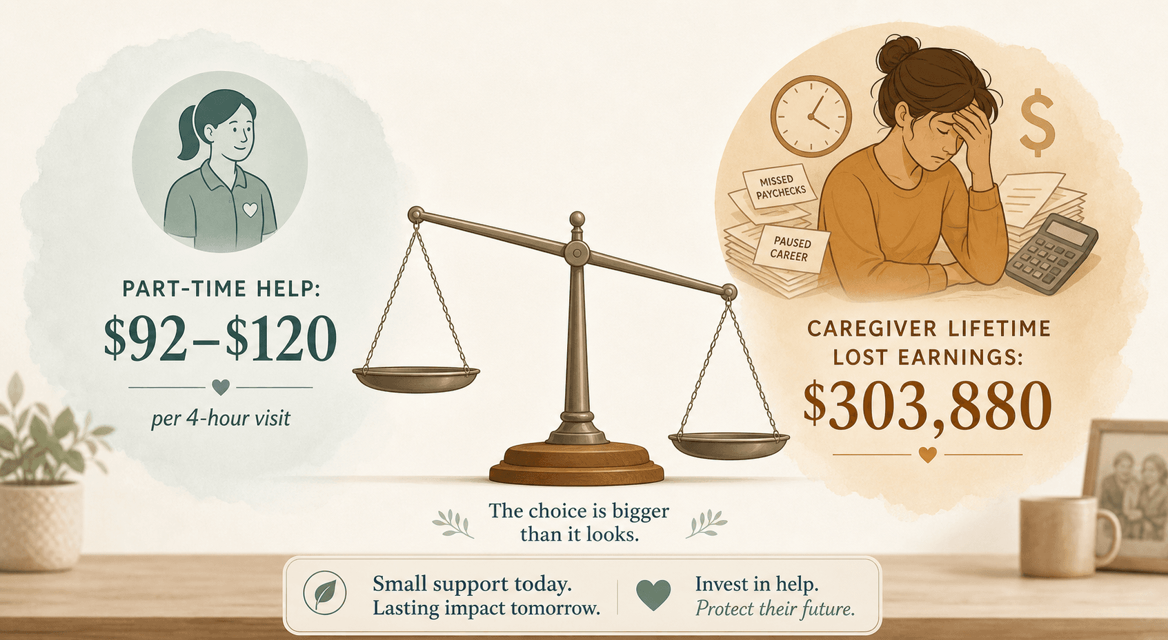 A comparison illustration with a balance scale. Left side shows a small caregiver icon with text indicating part-time help costs of $92–$120 per 4-hour visit in green-blue tones. Right side shows a stressed figure with financial burden symbols indicating $303,880 in caregiver lifetime lost earnings in muted amber tones. The scale tips slightly toward the left side.