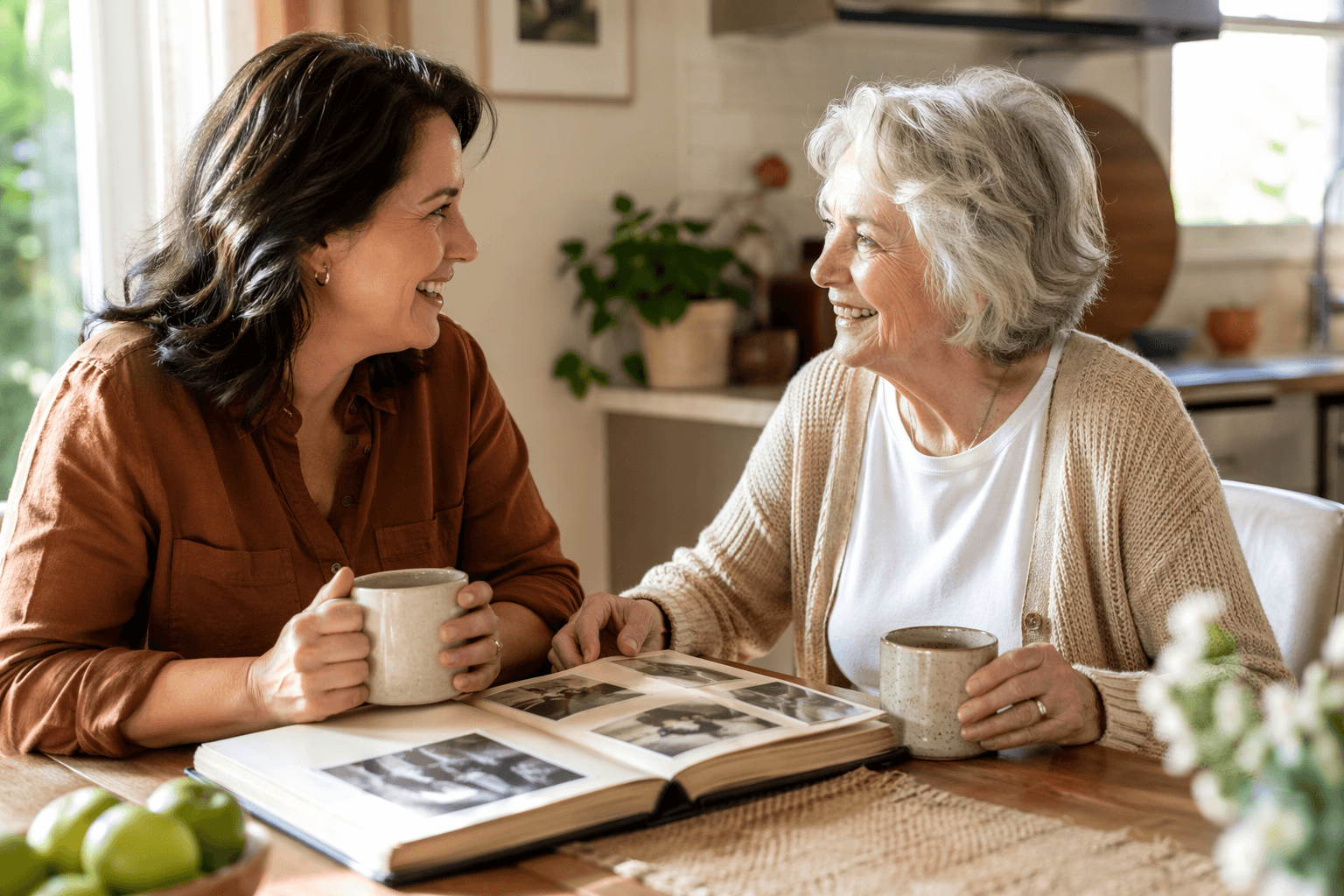 A companion caregiver and an older woman share coffee and look at a photo album together at a sunlit kitchen table.